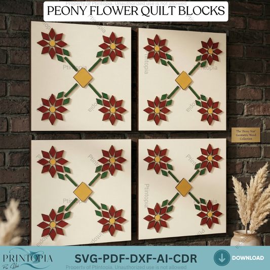 Geometric Peony Flower Barn Quilt Block Pattern Laser Cut Wood Art Floral Wall Decor 340
