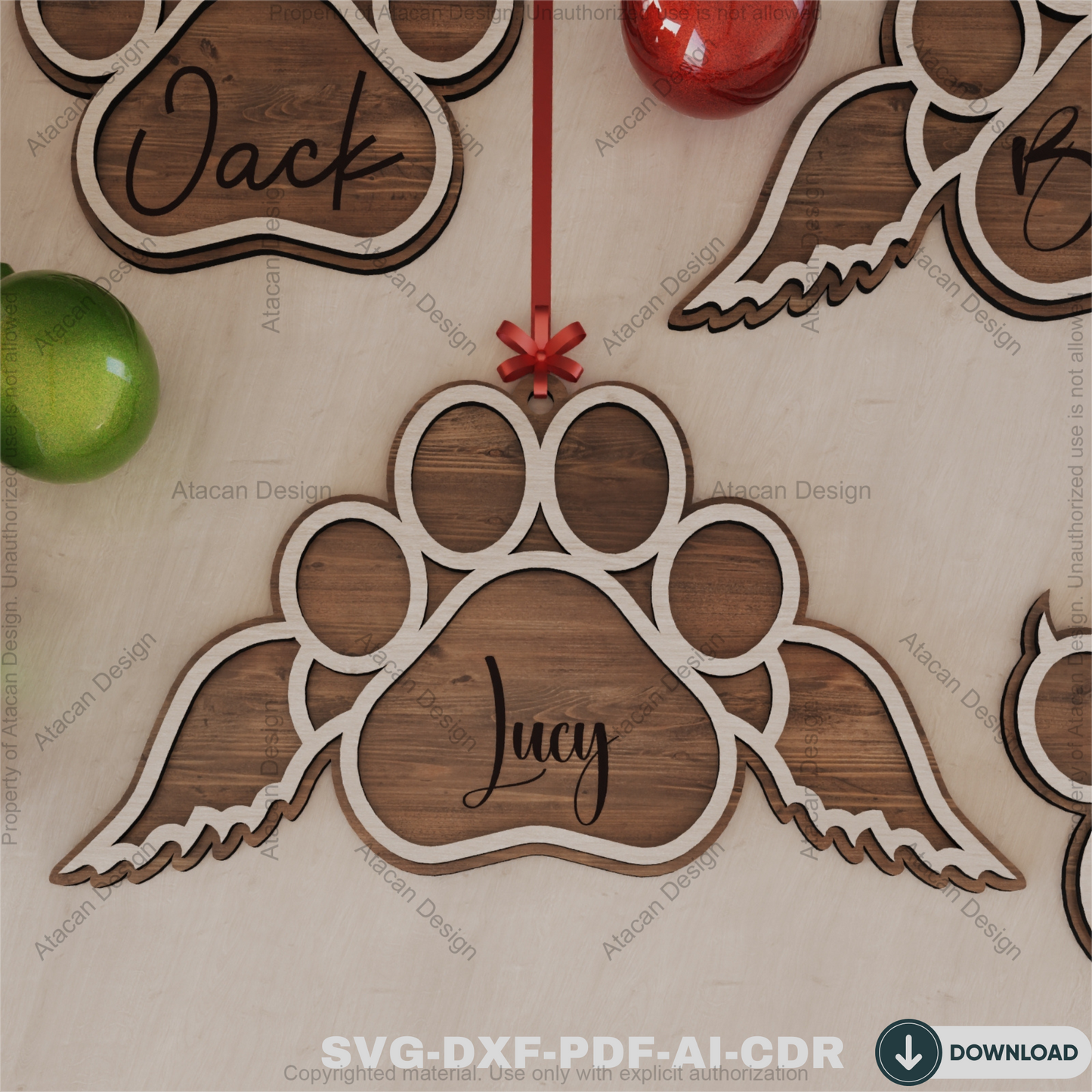 Personalized Dog Paw Ornament - Custom Wooden Pet Christmas Keepsake for Laser Cutting 807