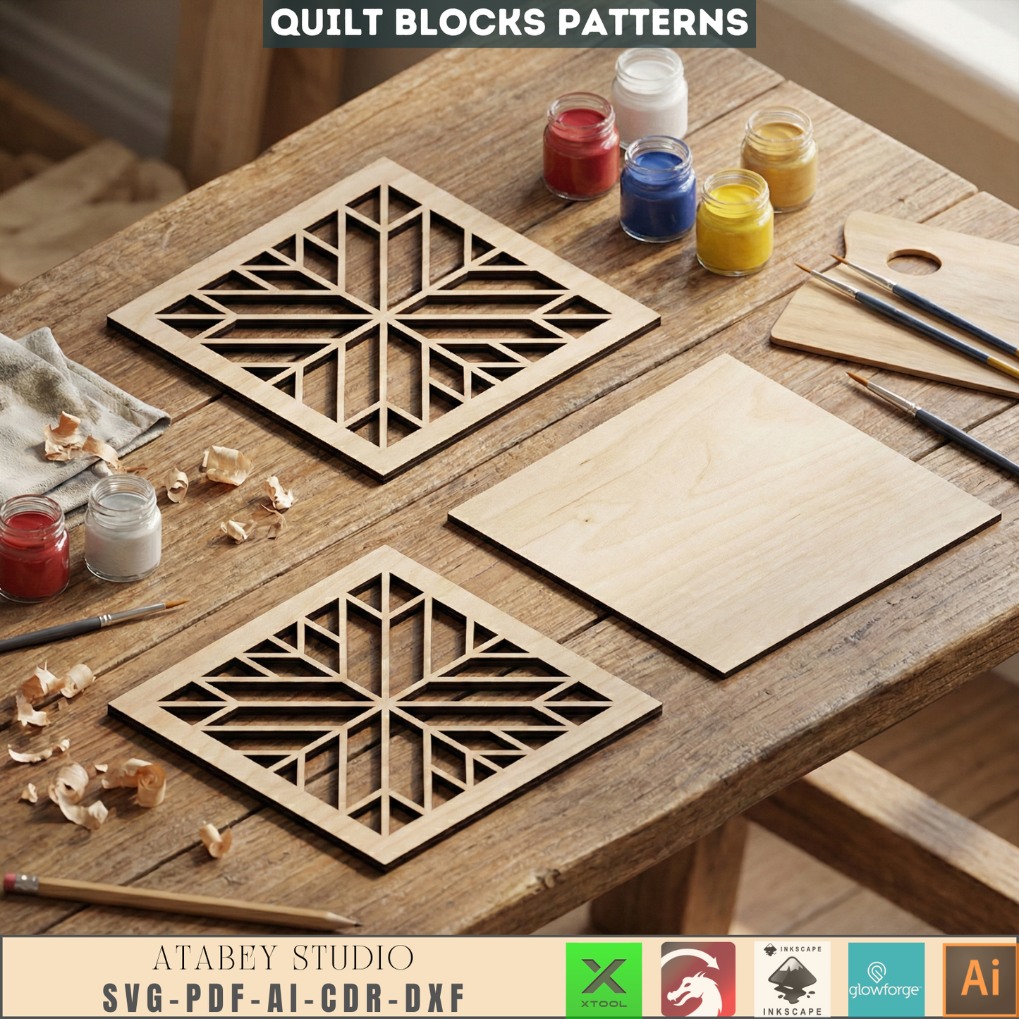 Geometric Quilt Block Wall Art Laser Cut Design Modern Farmhouse Wood Heart Butterfly Potted Flower 988
