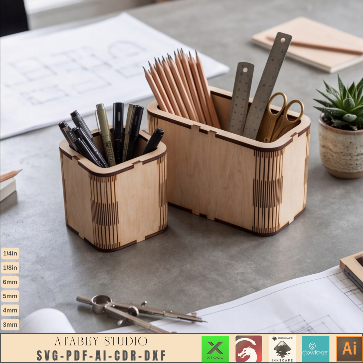 Wooden Desk Organizer Laser Cut Template - DIY Pencil Holder for Home Office 1029