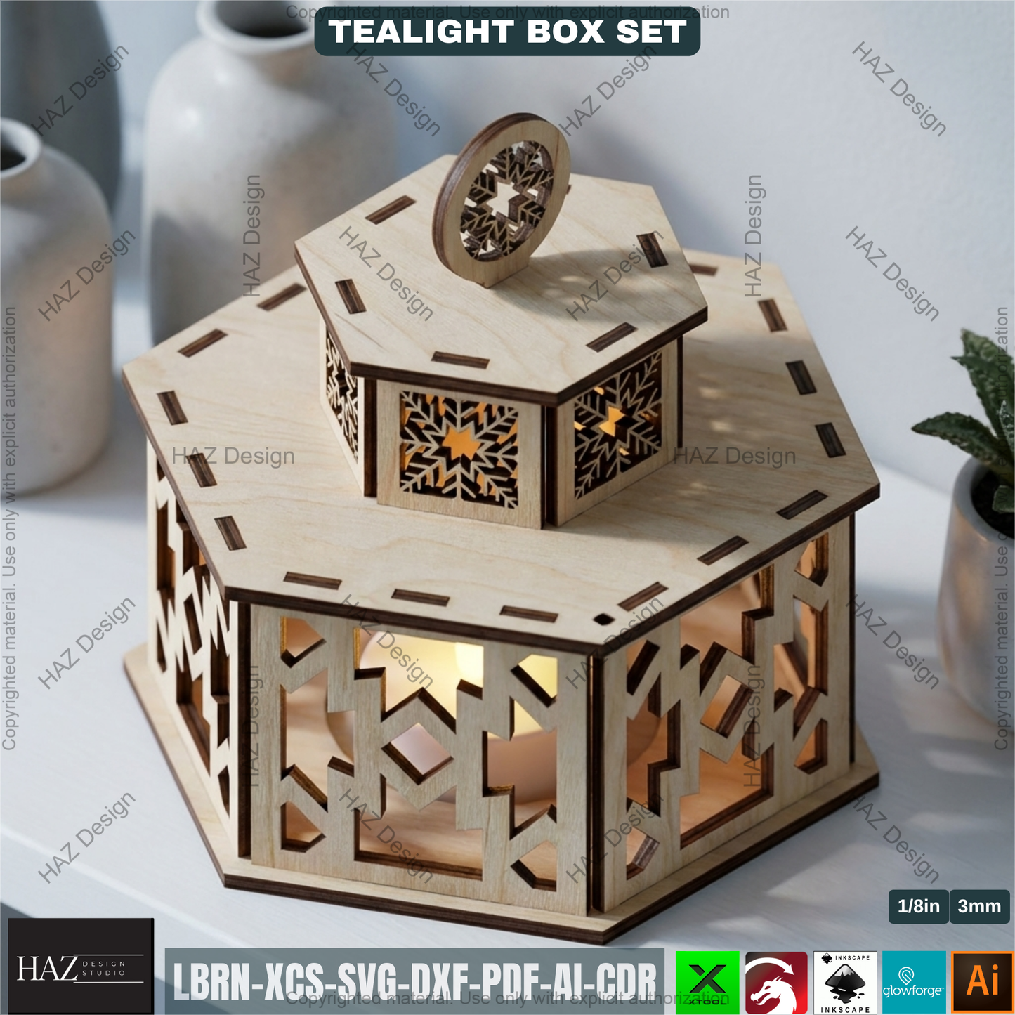 Festive Tealight Lanterns  – Christmas Candle Holder with Lid - Laser Cut Tabletop Decor - Tealight Box Lights 504