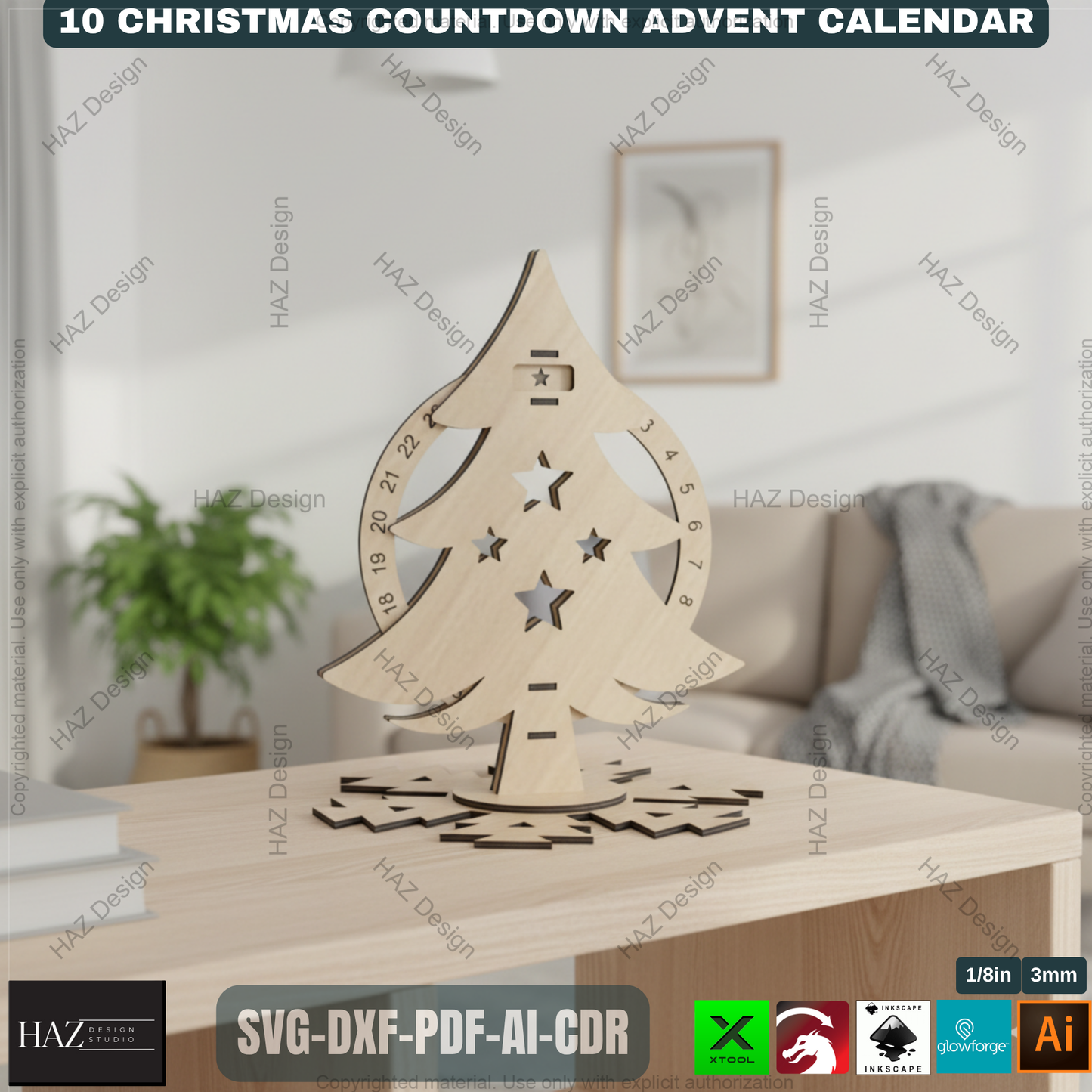 Festive Countdown Advent Calendar Laser Cut Files, Wooden Christmas Decor Template for Glowforge & Xtool, Holiday Craft Project 498
