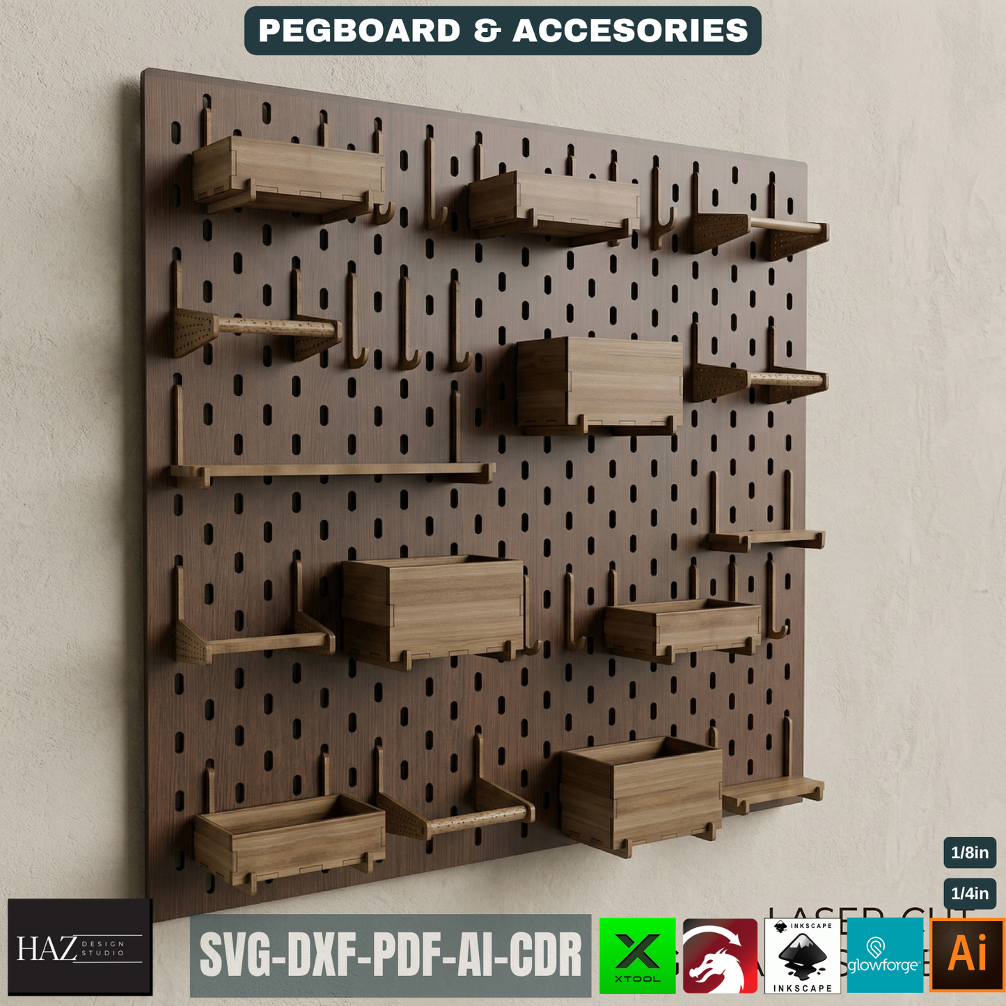 Wood Pegboard Wall Organizer / Modular Peg Board with Hooks and Bins Wall Storage 083