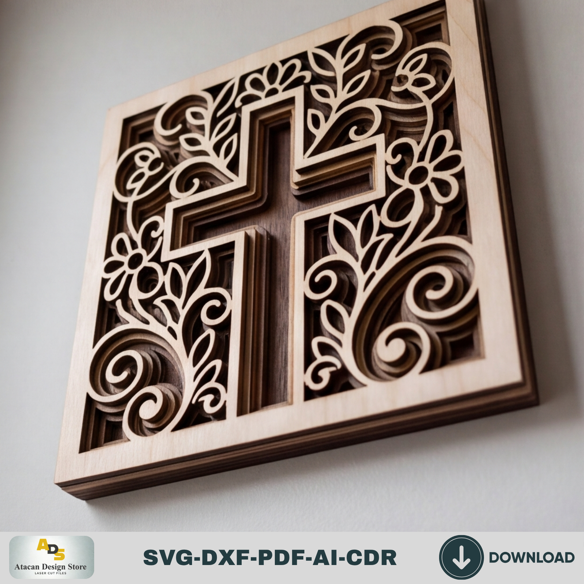 3D Christian Cross Laser Cut Plywood Template, Easter Faith Decor 1000