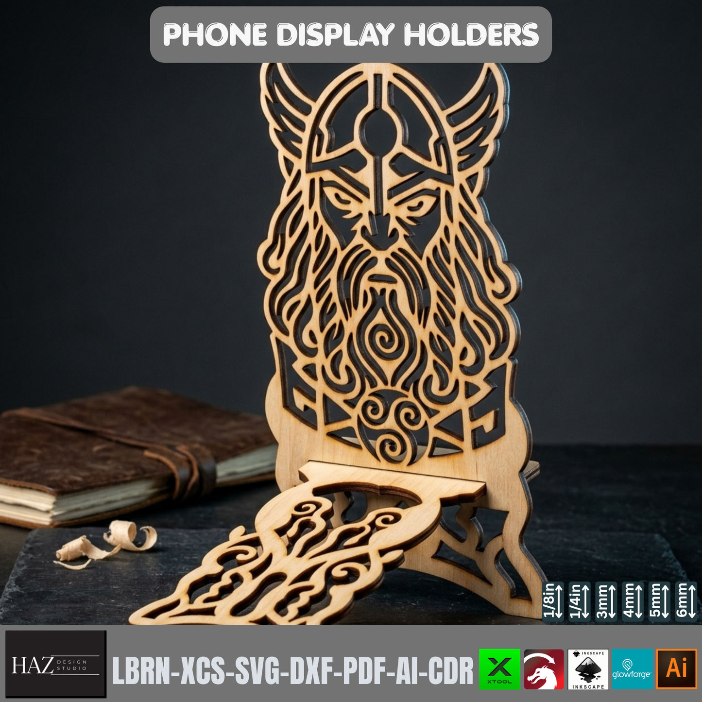 Laser Cut Viking Phone Stand Wooden Desk Organizer Template SVG File
