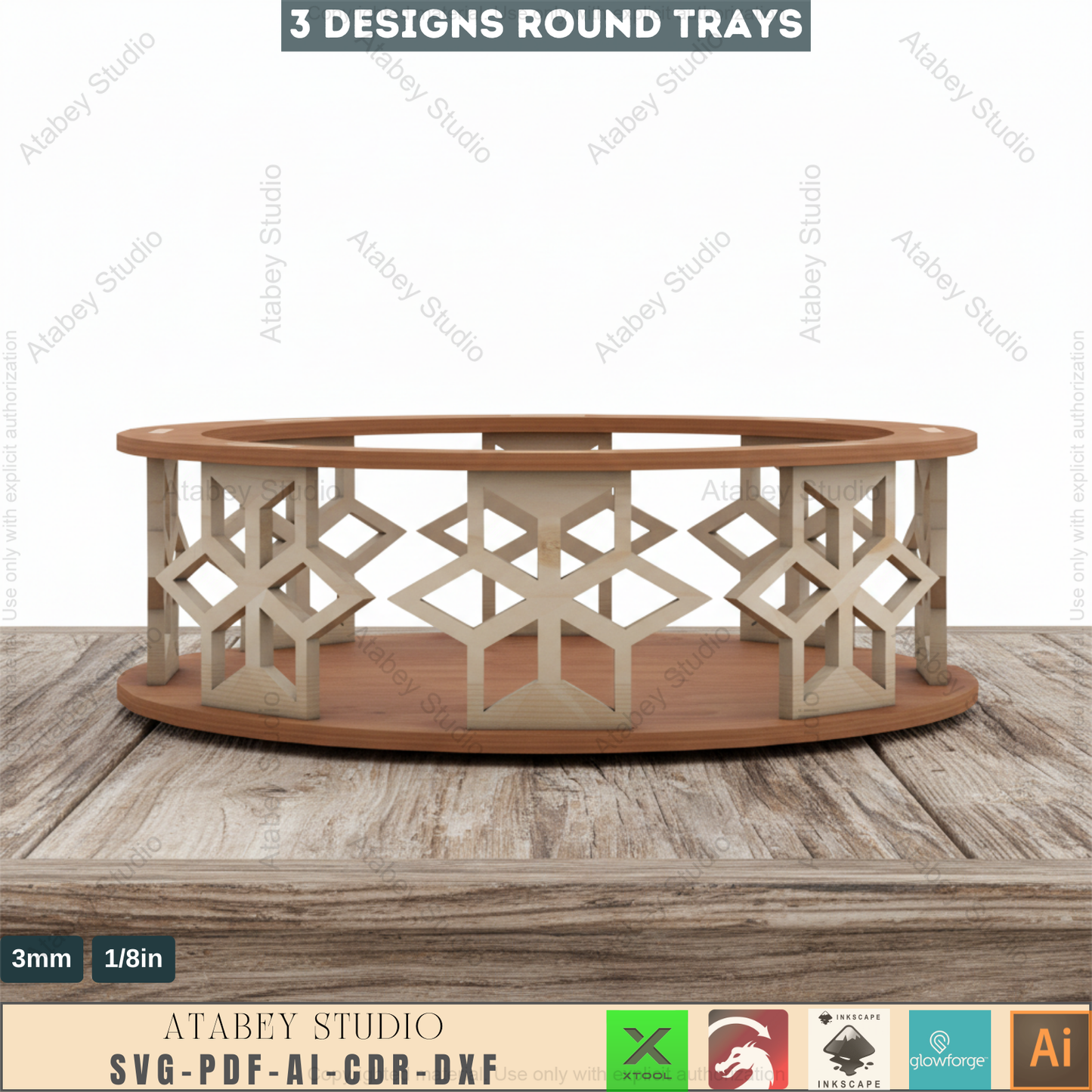 3 Sizes Round Decorative Tray Cutting File - Wooden Baskets Svg Cut Plans 152