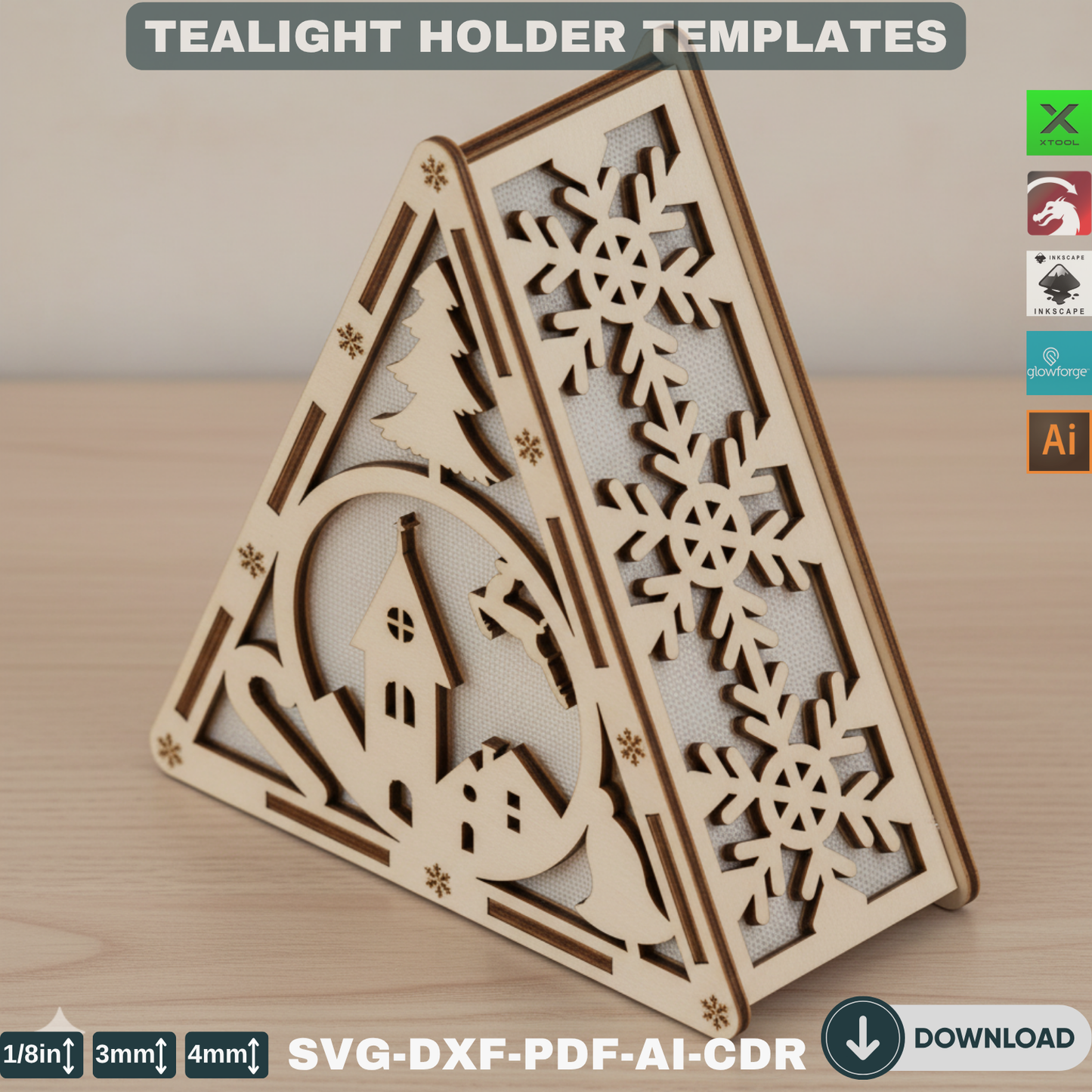 Snowman Lanterns SVG - Laser Cut Triangle Candle Holders with Festive Winter Scene for Holiday DIY Home Decor 779