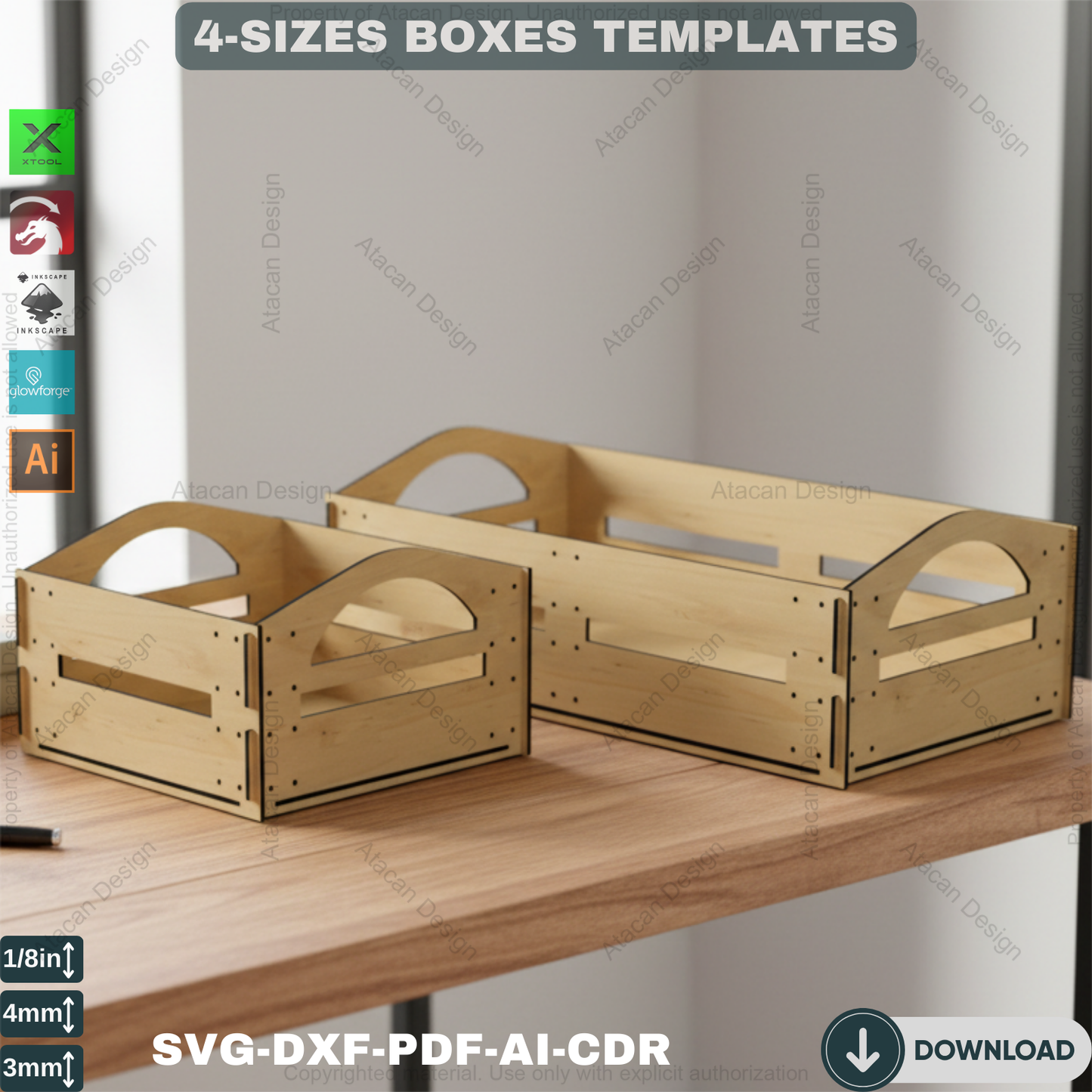 Wooden Laser cut Boxes / Box SVG Templates / Glowforge Box Cut Plans / Boxes With Handles Svg Dxf Ai Cdr Pdf 359