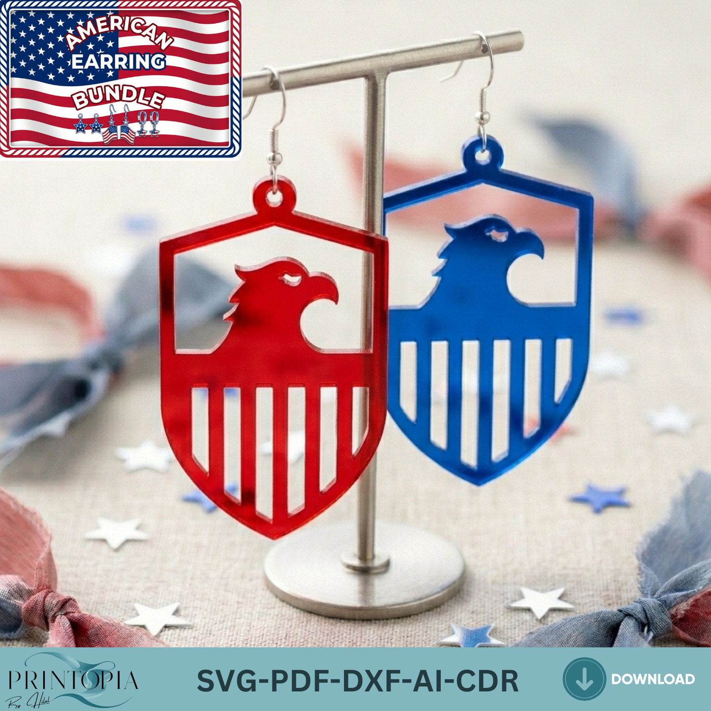 Patriotic Earring Laser Cut Design, Fourth of July American Flag Jewelry Template, USA Stars Independence Day