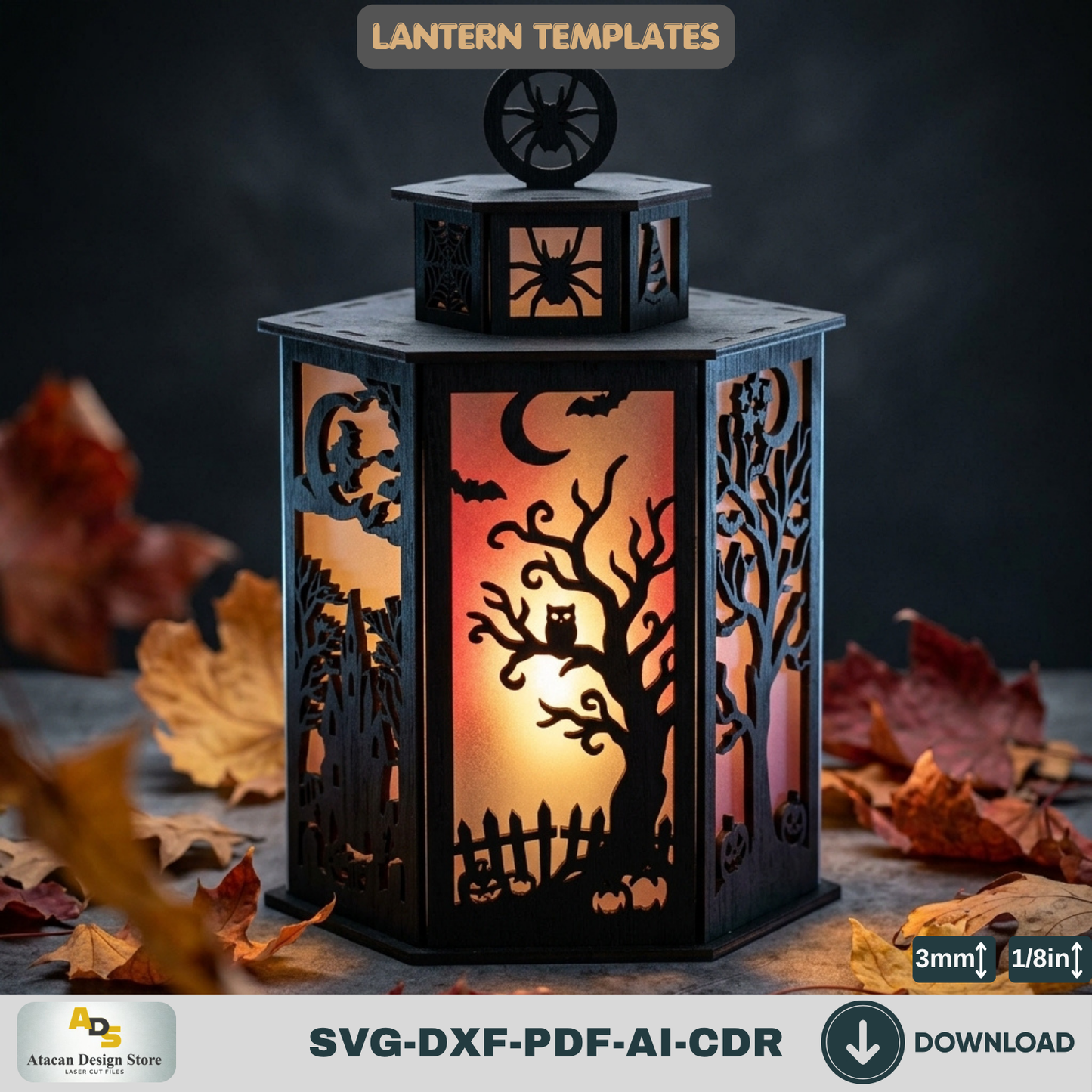 Halloween Lantern LaserCut Template Spooky Haunted House Tea Light Holder Wooden Witch Candle Box