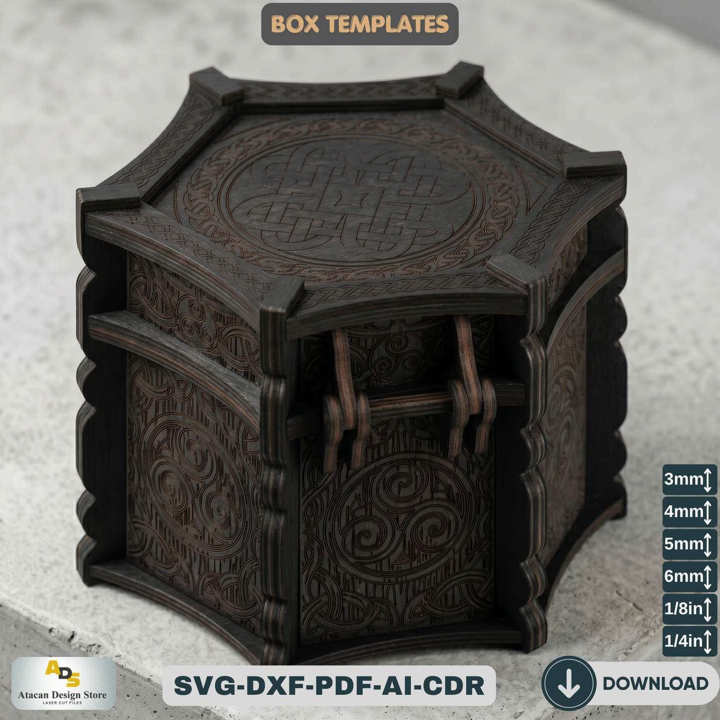 Celtic Hexagon Box Laser Cut File Mythical Jewelry Chest Pattern Wooden Trinket Box Template