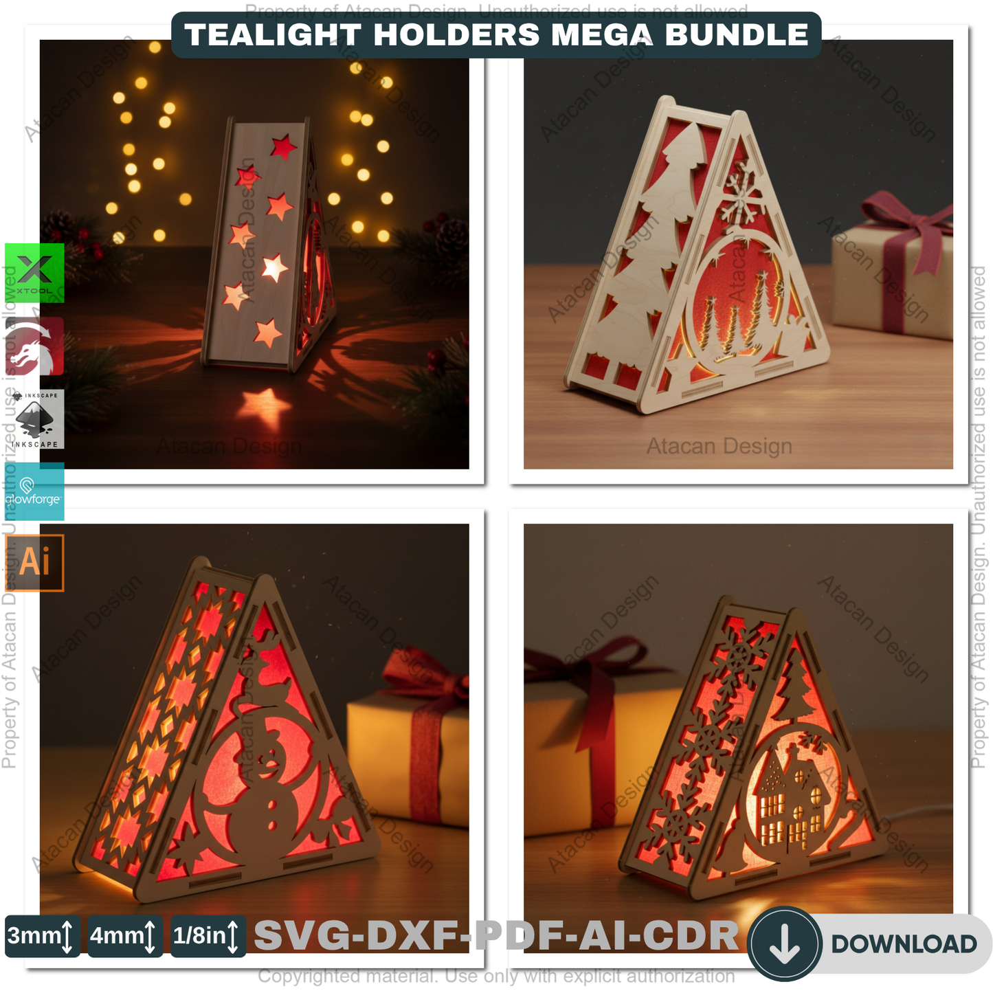 Christmas Pyramid Candle Holder Bundle Laser Cut Template Tealight Lantern Designs Winter Wood Decor Night Lights 919
