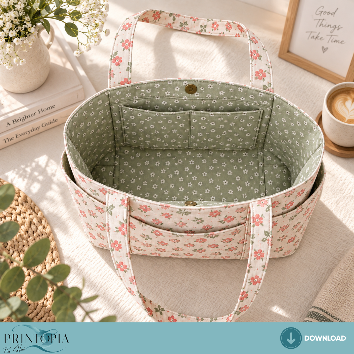 Floral Tote Bag Sewing PDF Pattern Multi Pocket Organizer 4 Sizes Included