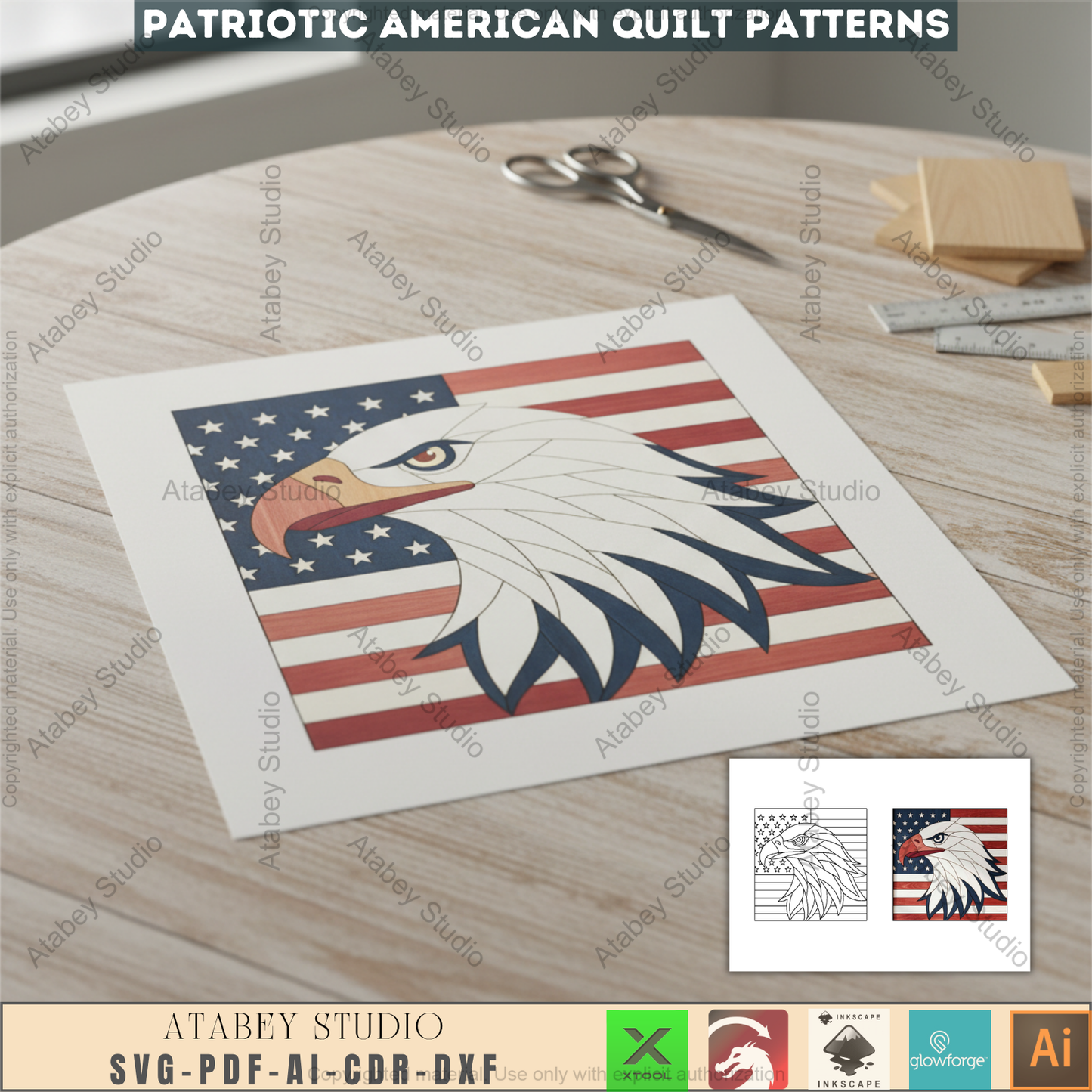 American Eagle Patriotic Quilt Pattern Laser Cut File Bald Eagle Americana Wall Art Vector 995