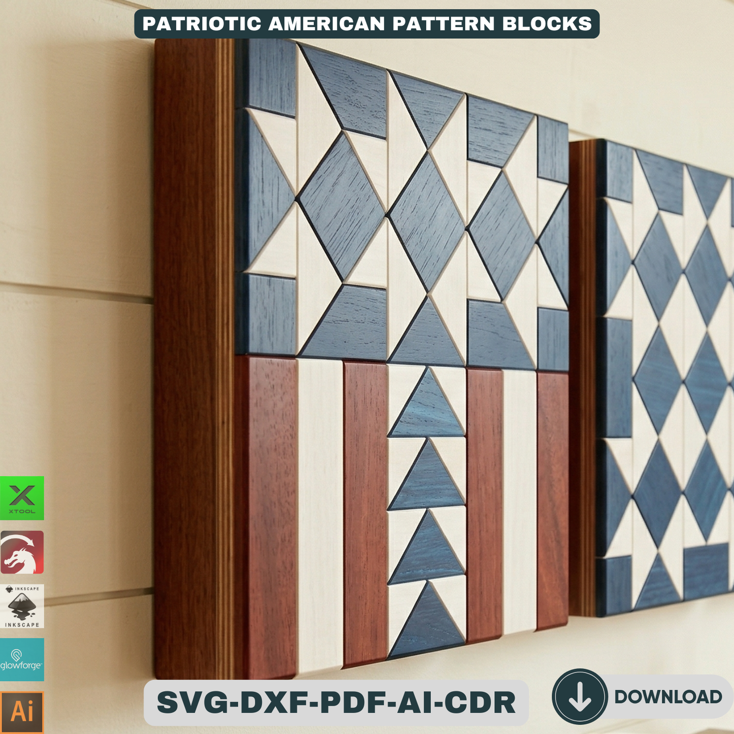 Patriotic American Barn Quilt Wall Decor Fourth of July Wooden Sign Geometric Star Block Patterns 943