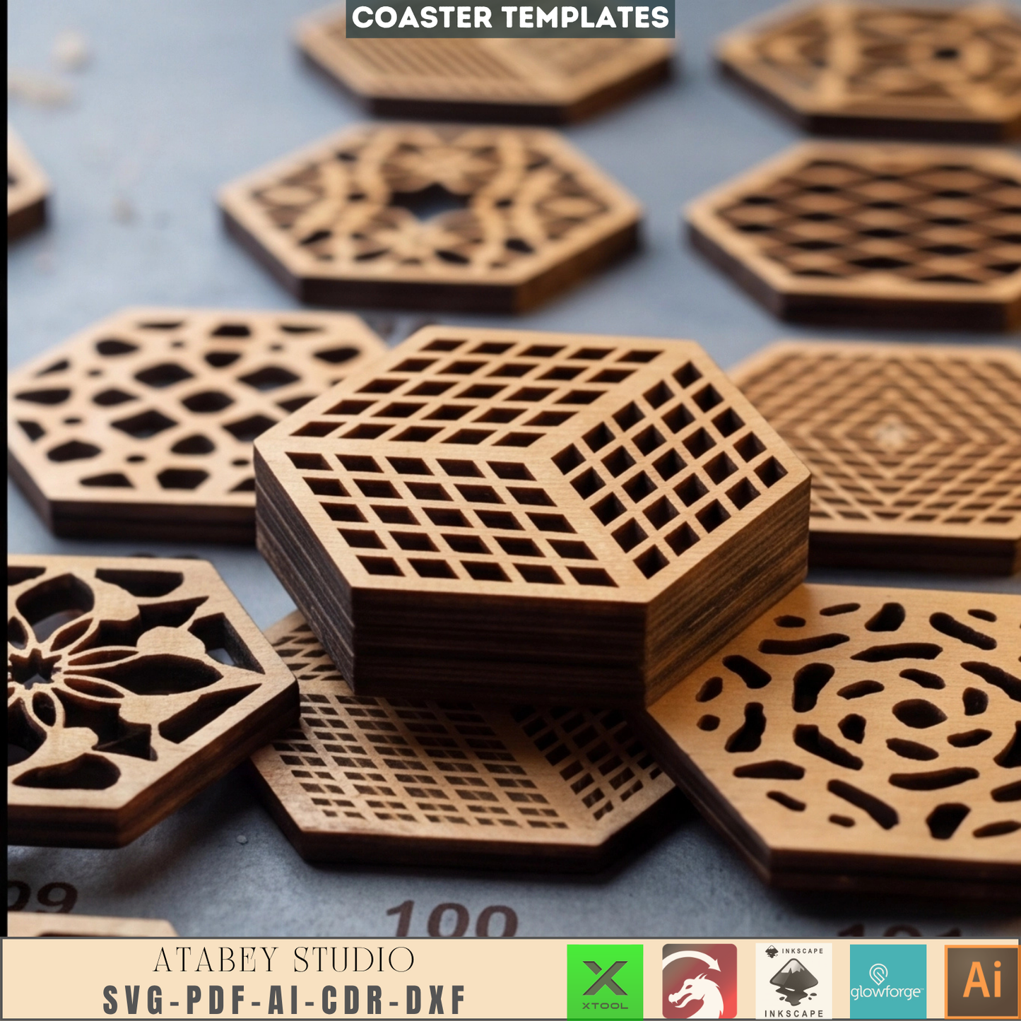 Geometric Hexagon Coaster Laser Cut File Bundle Wood Drink Coaster Template