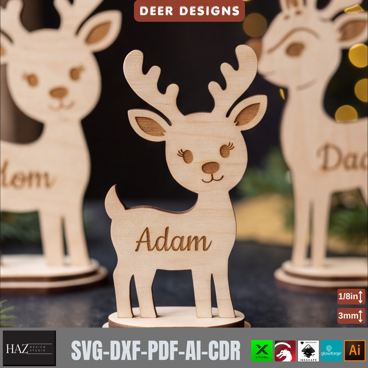 Personalized Reindeer Family Laser Cut SVG – Christmas Wooden Decor Stand