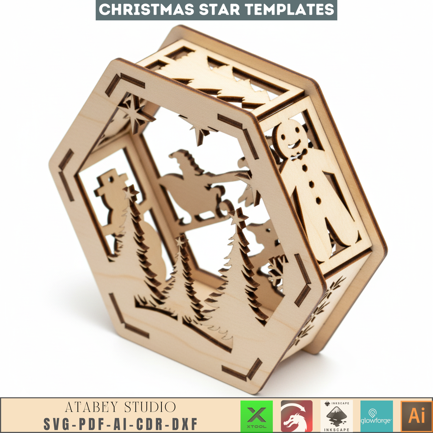 Hexagon Christmas Decor SVG Template - Laser Cut Lanterns - Winter Scene for Holiday Home Decor and Cozy Candle Glow 957