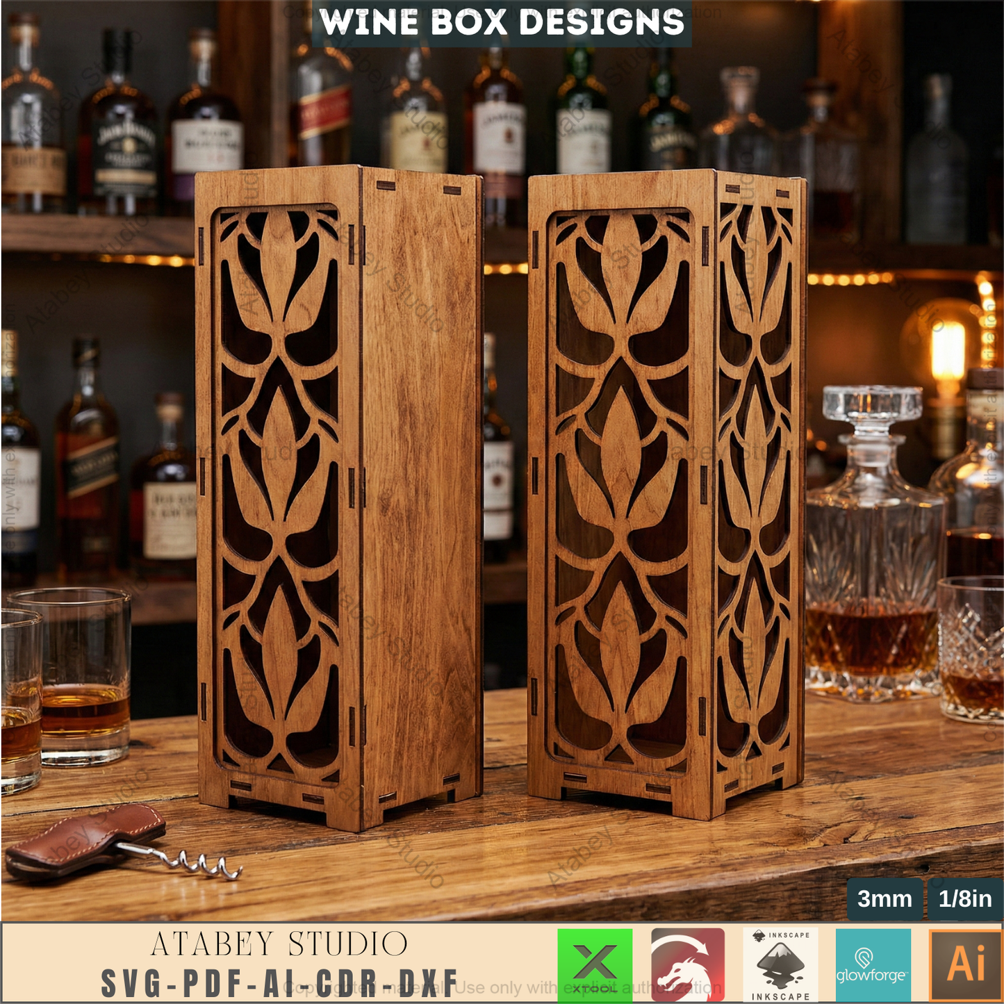 Laser Cut Wine Bottle Gift Box Bundle, Wooden Wine Carrier, Decorative Wine Box 987