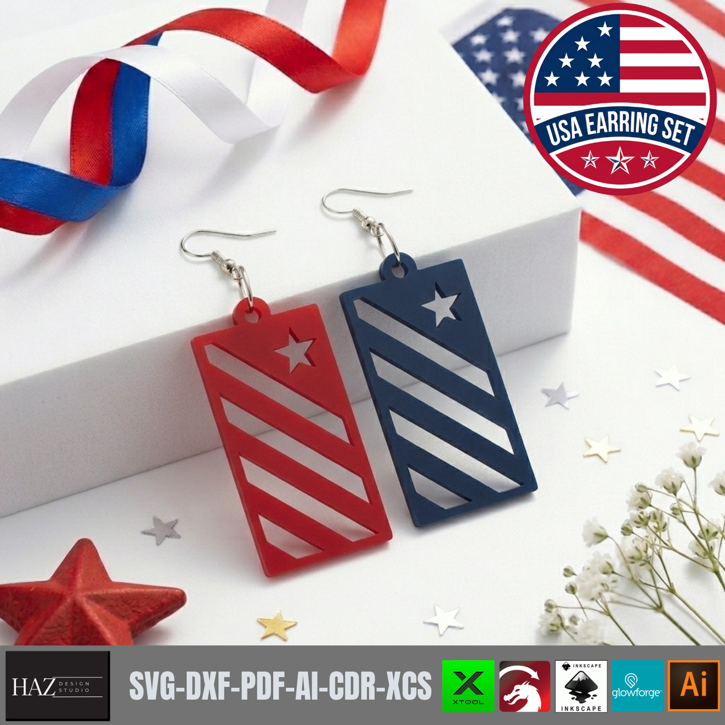 Patriotic Earring SVG Bundle, 4th of July Laser Cut Templates, USA Flag Acrylic Jewelry
