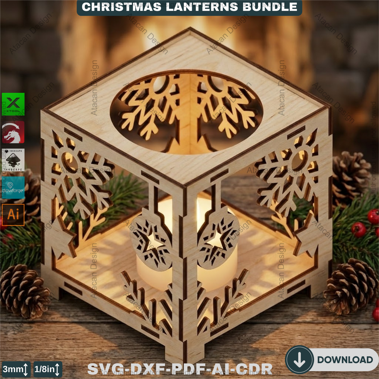 Christmas Lantern Laser Cut Bundle, Wooden Tealight Holder, Xmas Candle Box, Winter Decor, Reindeer Snowman Template 927