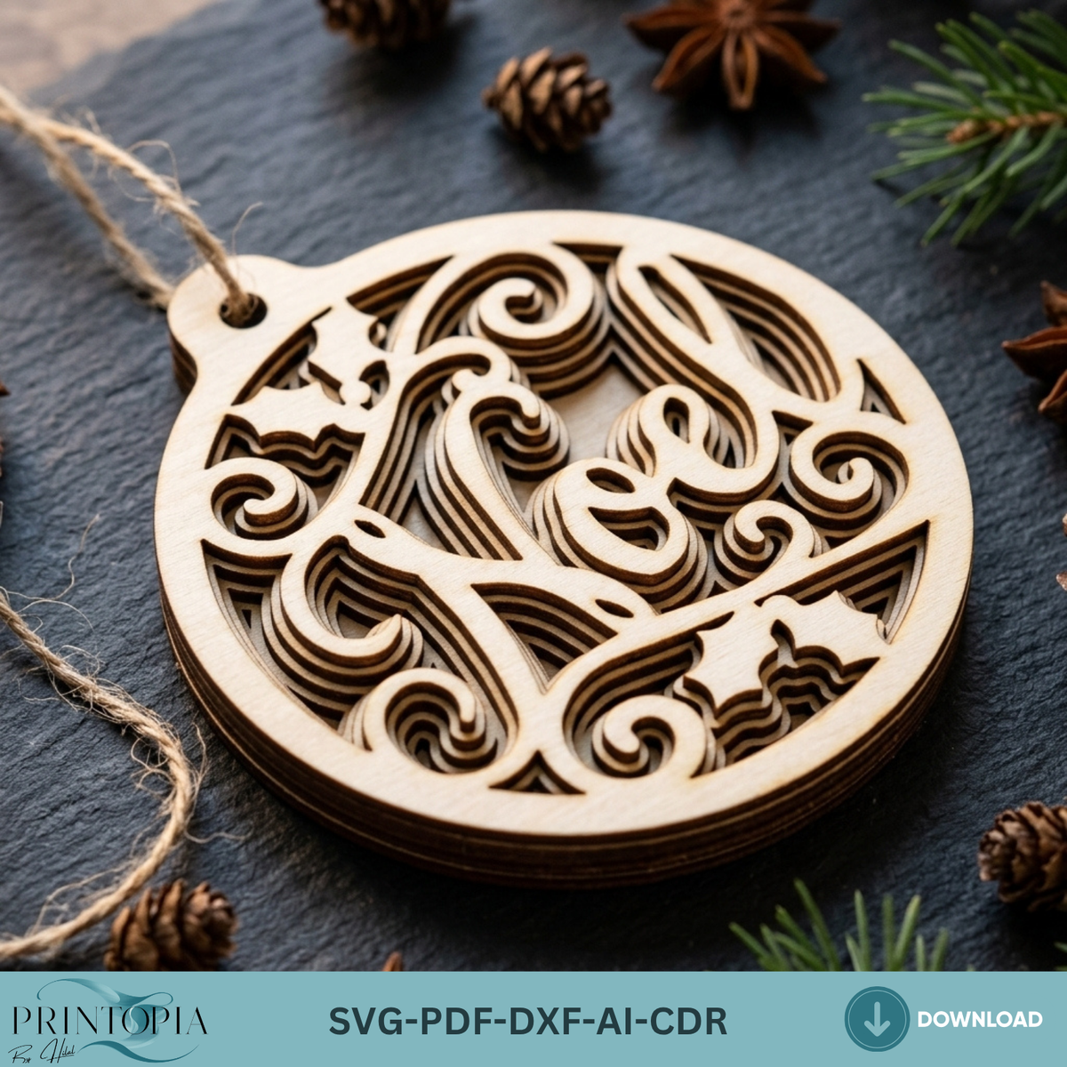 9 Multilayer Christmas Ornaments, Rustic Wood Tree Hanging Decorations, Gingerbread Santa Bell Gift