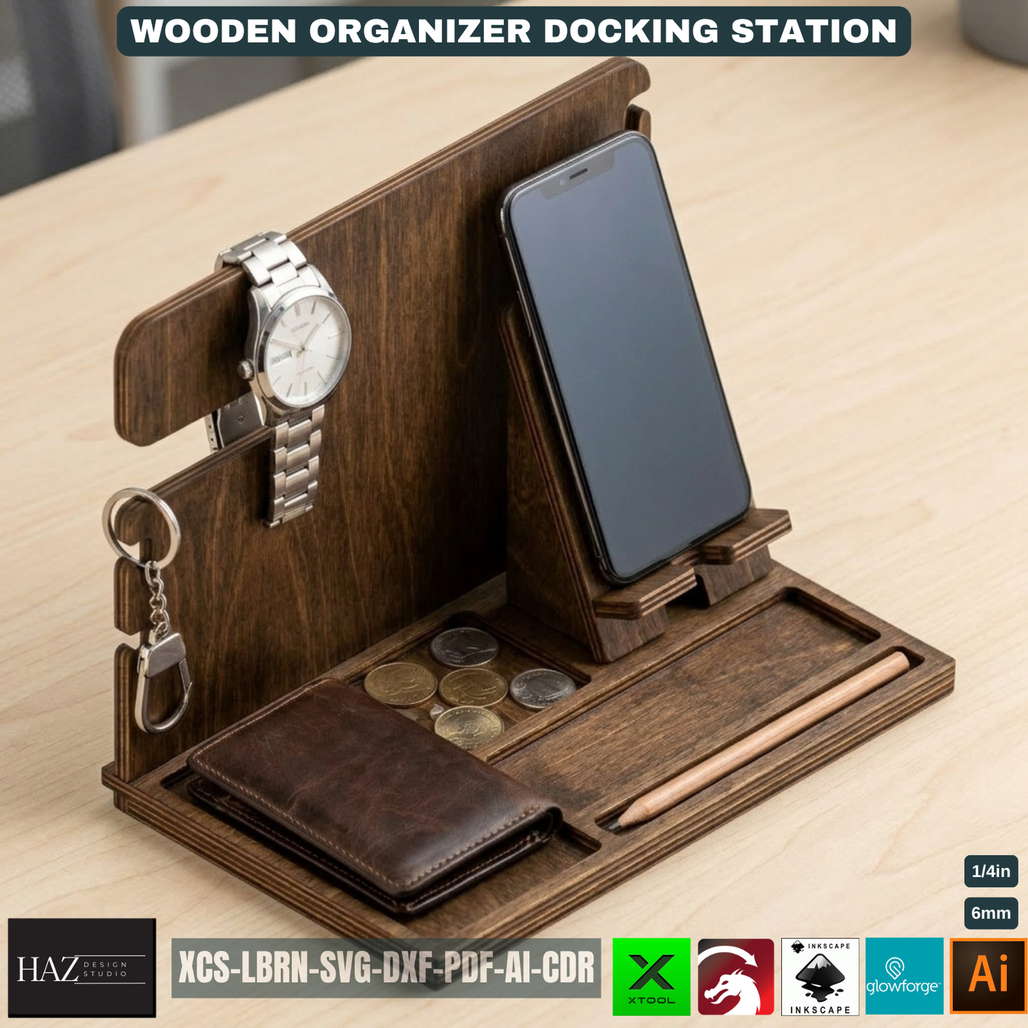 Personalized Wood Docking Station Desk Organizer Mens Gift Idea Phone Stand Bedside Nightstand Catchall Tray 529