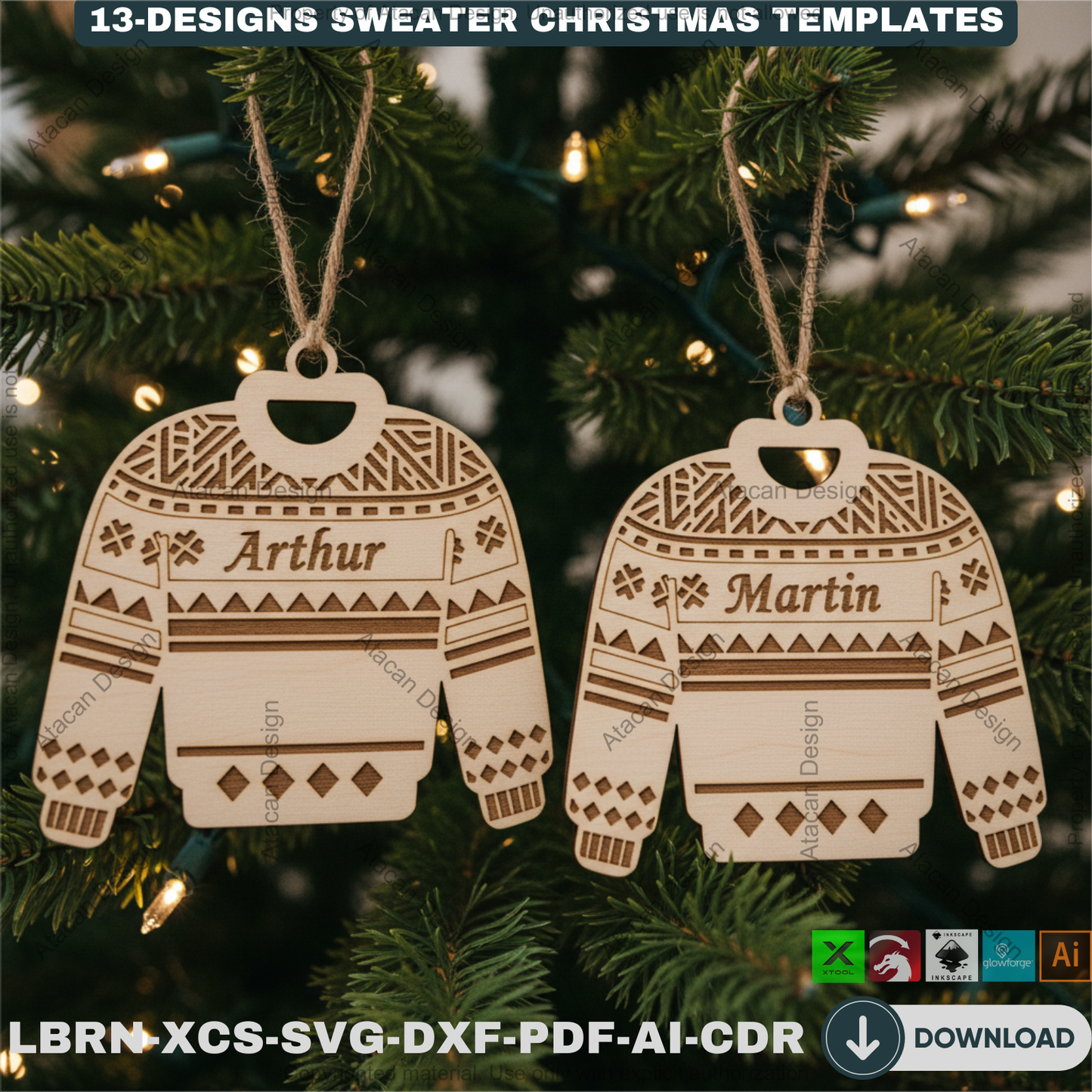 Personalized Sweater Christmas Ornament Bundle | 13 Holiday Designs | Laser Cut Template Set for DIY Xmas Gifts 918