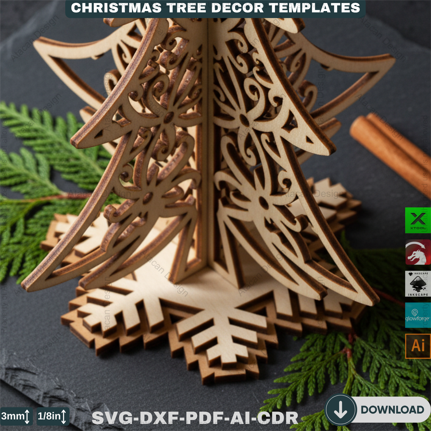 Christmas Ornament Tree With Pattern Laser Cut Files, Festive Holiday Shelf Sitter, Wooden Tabletop Decor Trees 912
