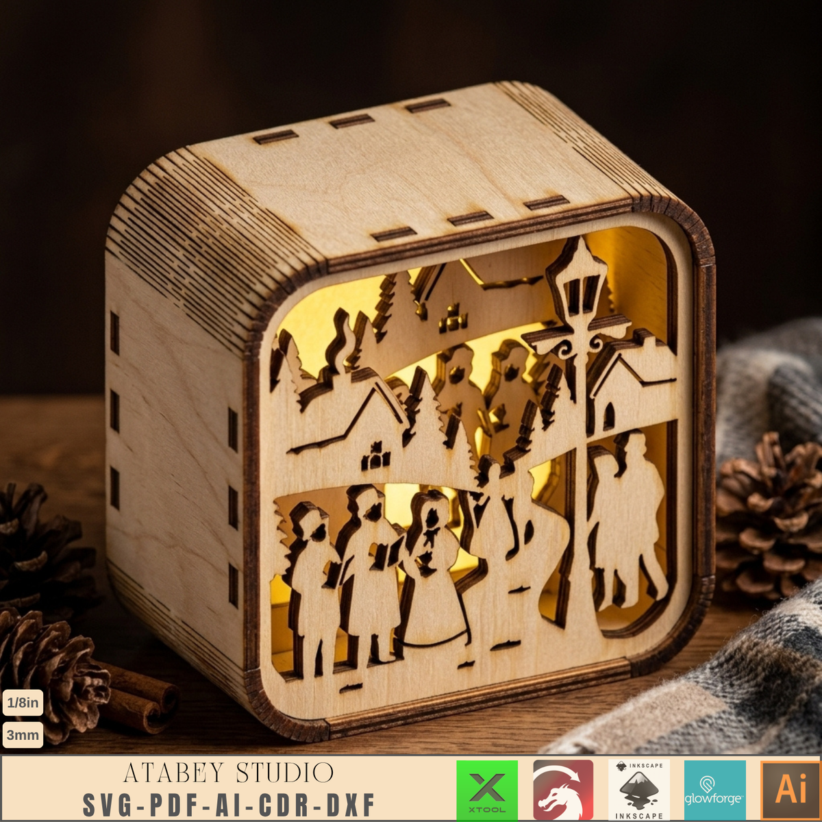 Wooden Christmas Shadow Box Lantern, Reindeer Santa Sleigh Candle Box Plans, Xmas Mantel Laser File