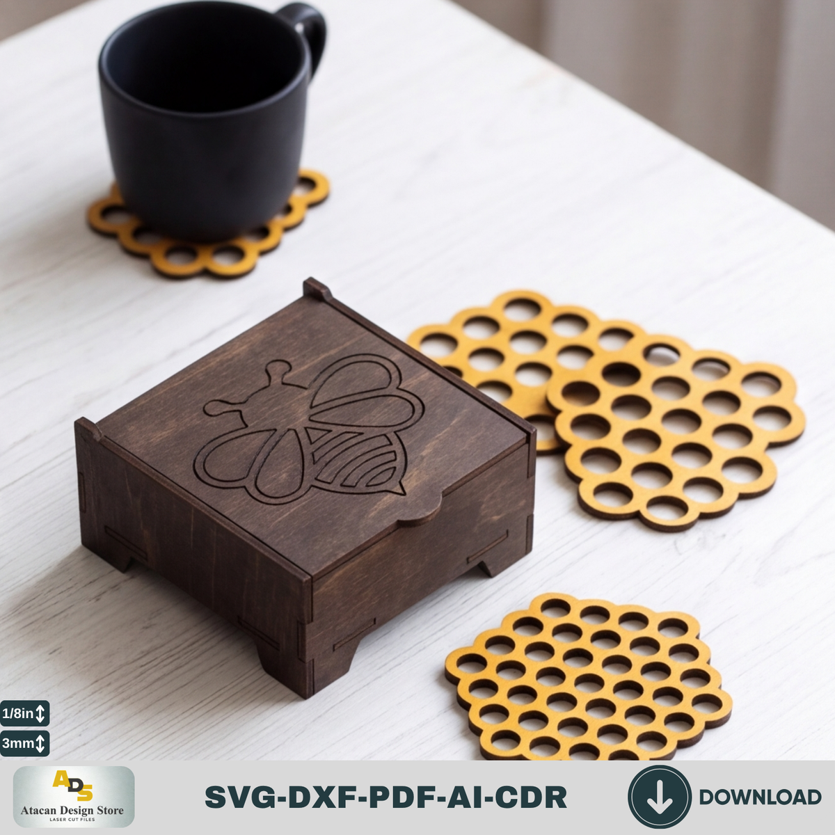 Honey Bee Coaster Set with Box SVG, Hexagon Honeycomb Coasters, Coaster Holder 305