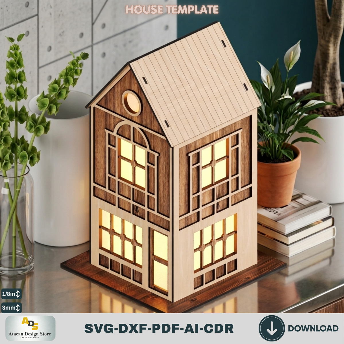 DIY Wooden House Luminary Template | Laser Cut Miniature Village | Table Lamp Design 885