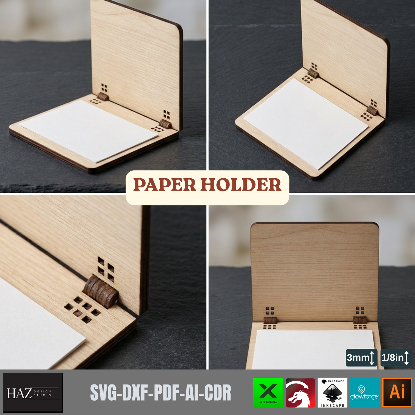 Wooden Paper Holder Laser Cut Files, Desk Notepad Cover SVG Template, A4-A6 Memo Pad