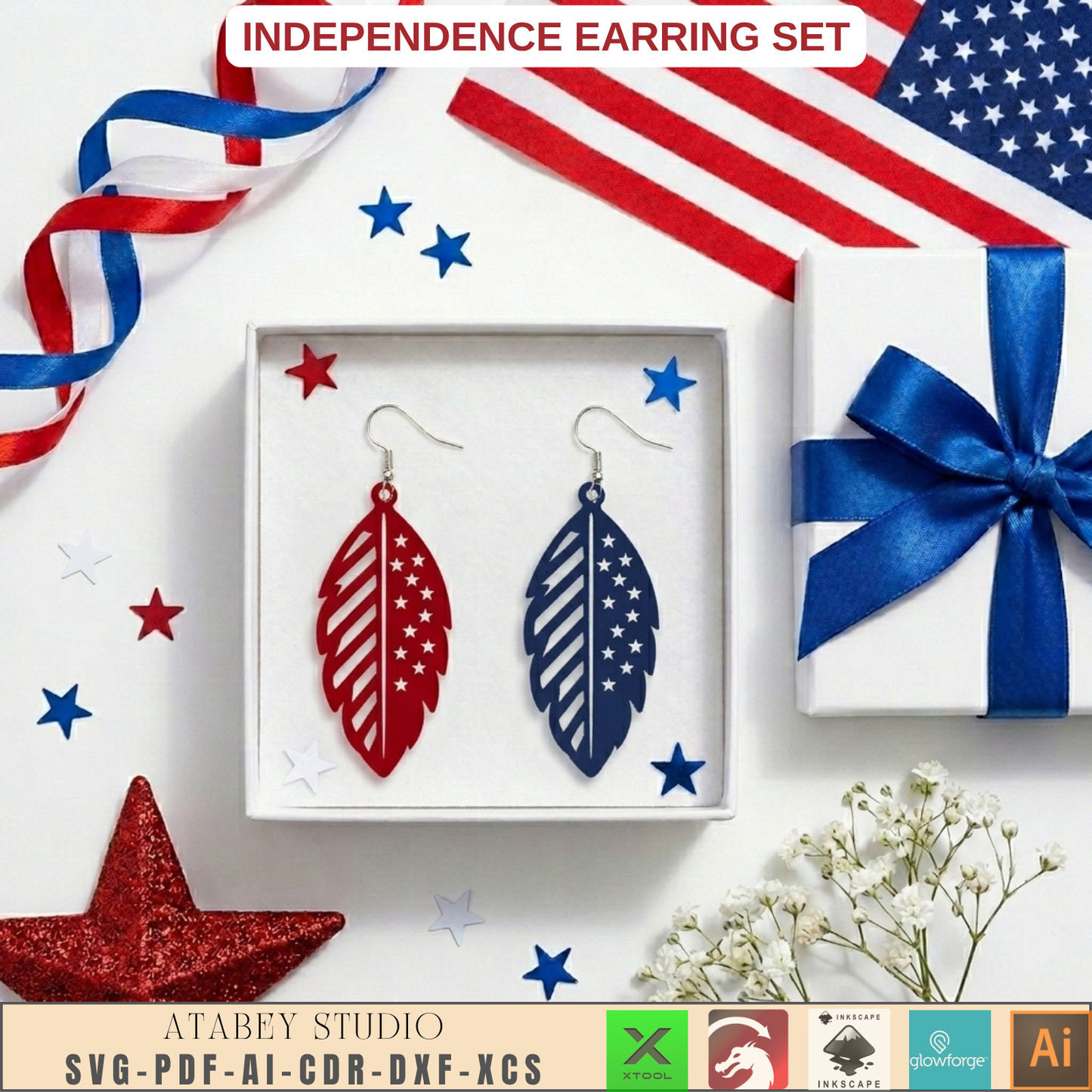 4th of July Earring SVG Bundle, Patriotic Laser Cut Templates, USA Flag Star Earrings