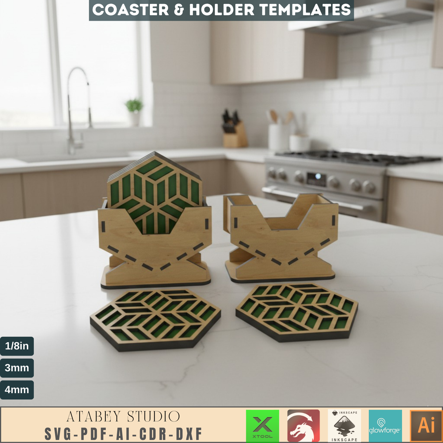 Laser Cut Coaster & Holder SVG Bundle for Home Decor, Hexagon Geometric Drink Coasters with Storage Rack Digital Files 552
