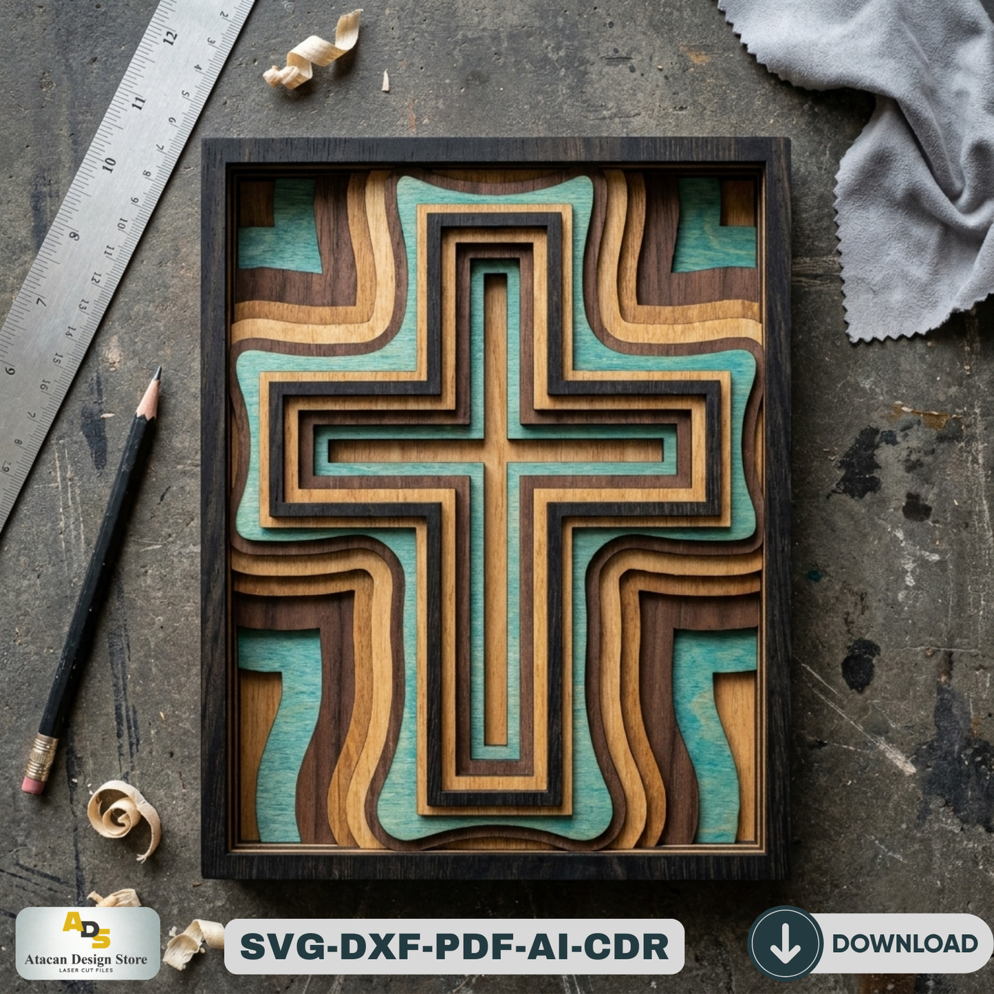 3D Layered Wood Cross Wall Art LaserCut Religious Multilayer Decor Christian Spiritual Vector Pattern
