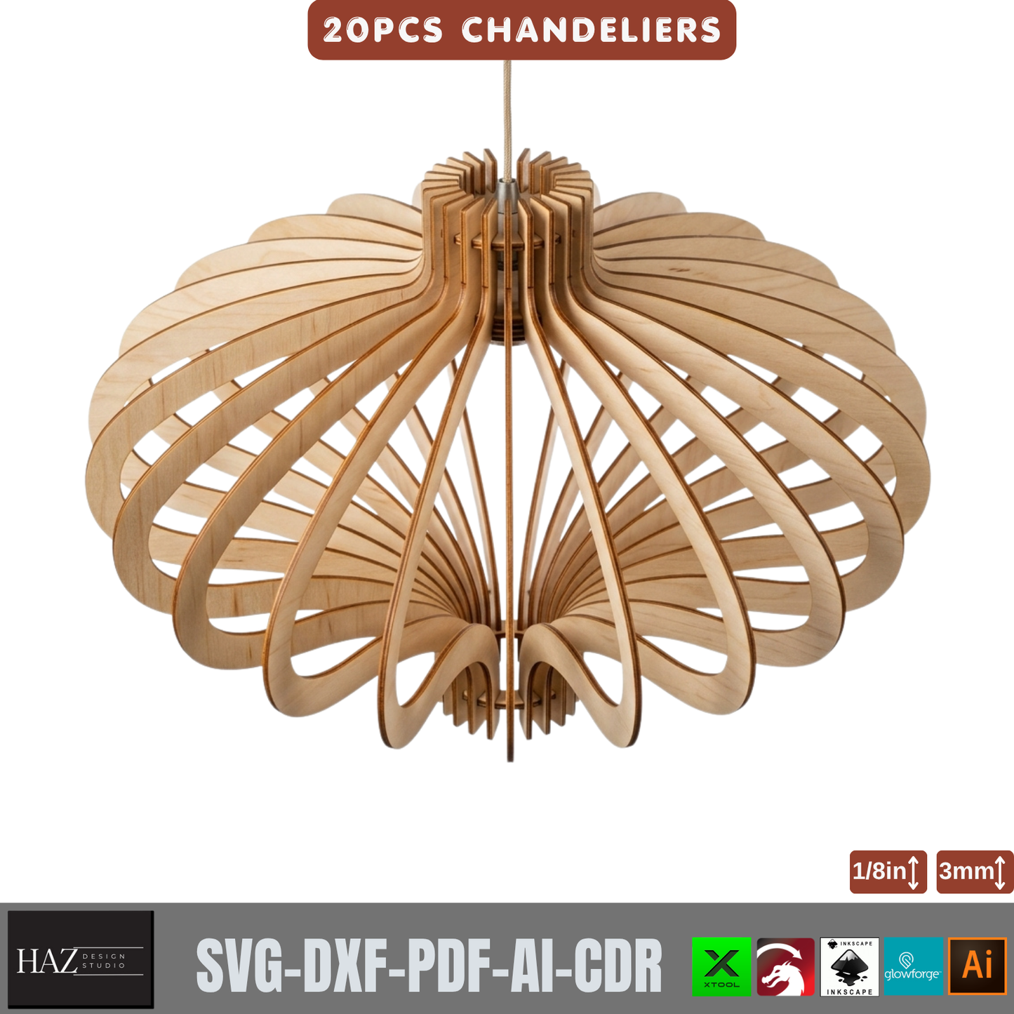 20 Piece Wooden Chandelier Pendant Lamp Laser Cut SVG Template Set Plywood 566