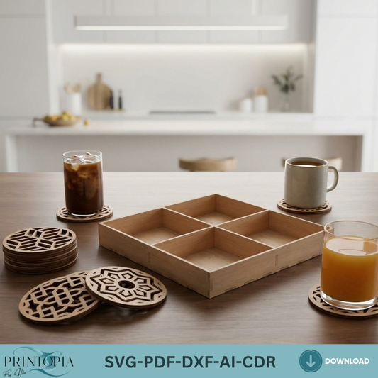 Geometric Laser Cut Coaster Set with Storage Box Patterned Wood Coaster Designs