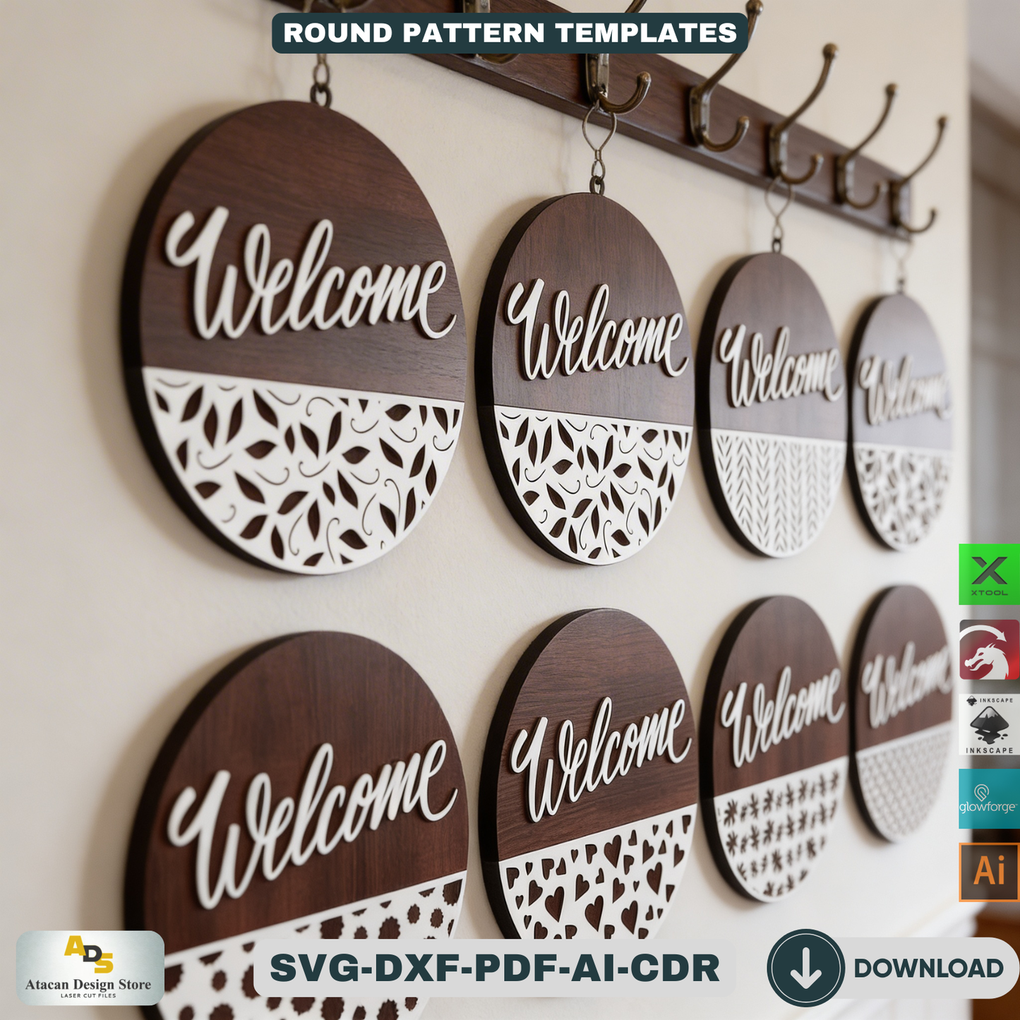 Door sign with patterns / Glowforge laser cut files / Door hanger Templates ADS115