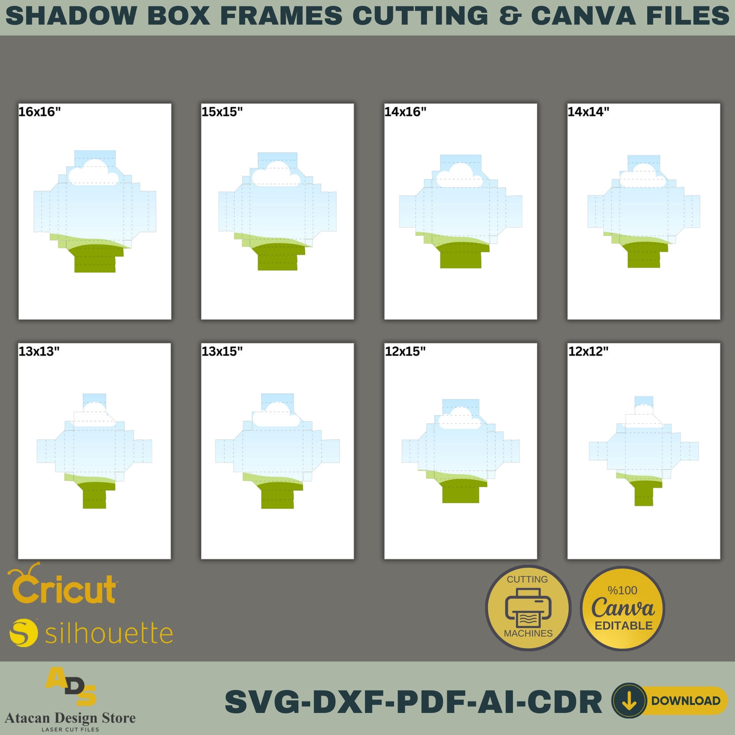 Shadow Box Frame Cutting Template Set | 8 Sizes svg, DXF, PDF, ai, CDR Files | Cricut & Silhouette Compatible | Canva Editable Design 766