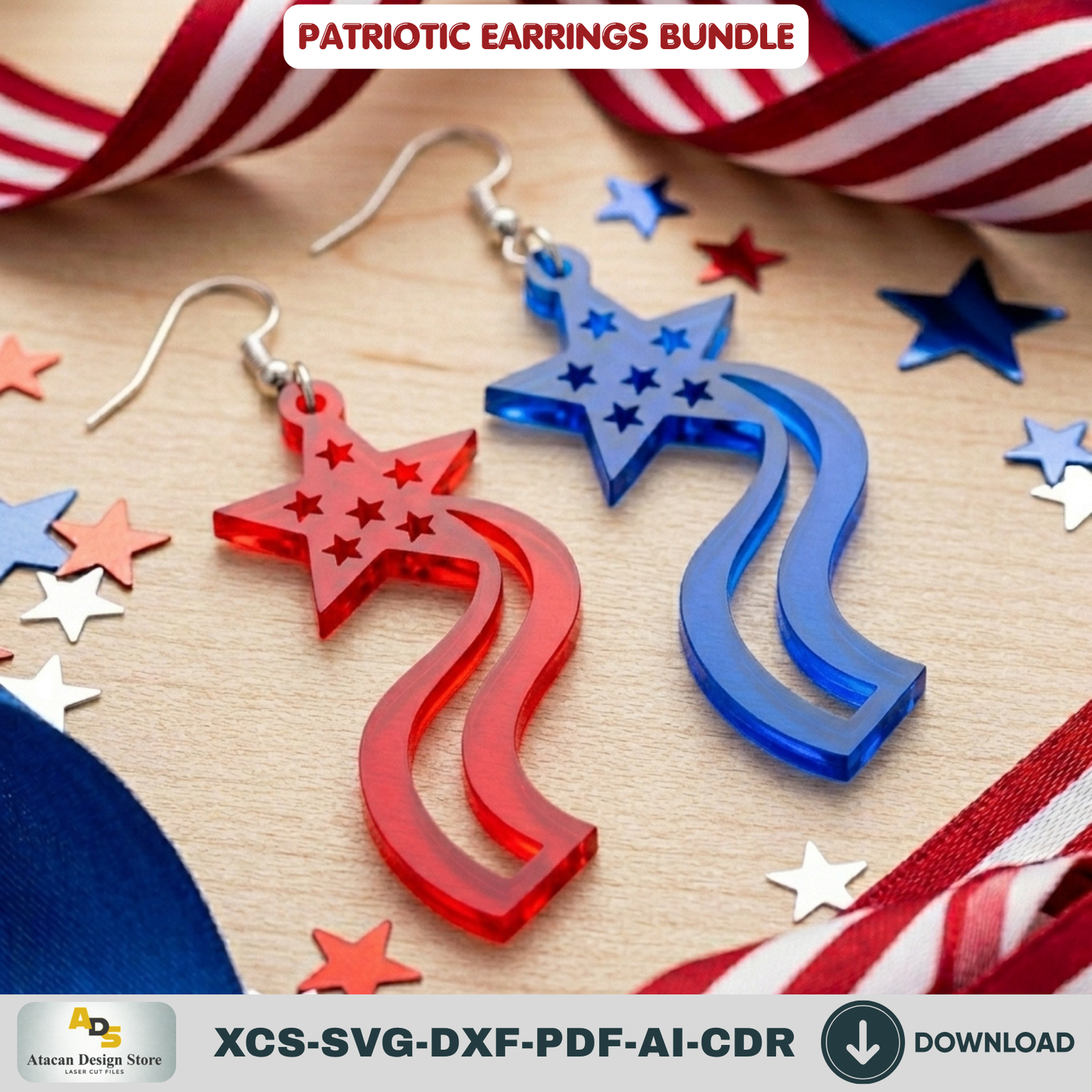 Patriotic Earring Laser Cut Template, USA Flag Star Jewelry Pattern, Independence Day Gift