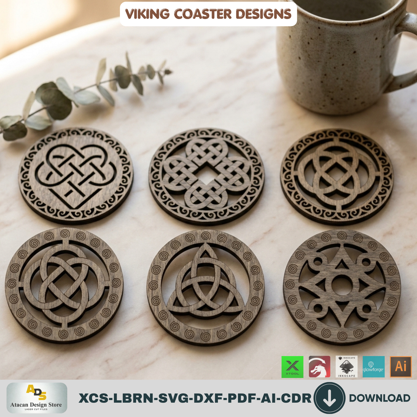 Viking Celtic Knot Coaster Laser Cut Files Wooden Round Tray Template