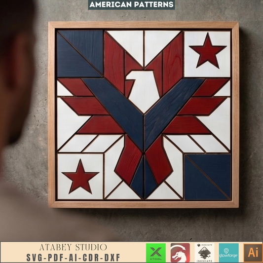 American Eagle Wood Barn Quilt Pattern Patriotic Sign Geometric Hawk Shield Intarsia Wall Art