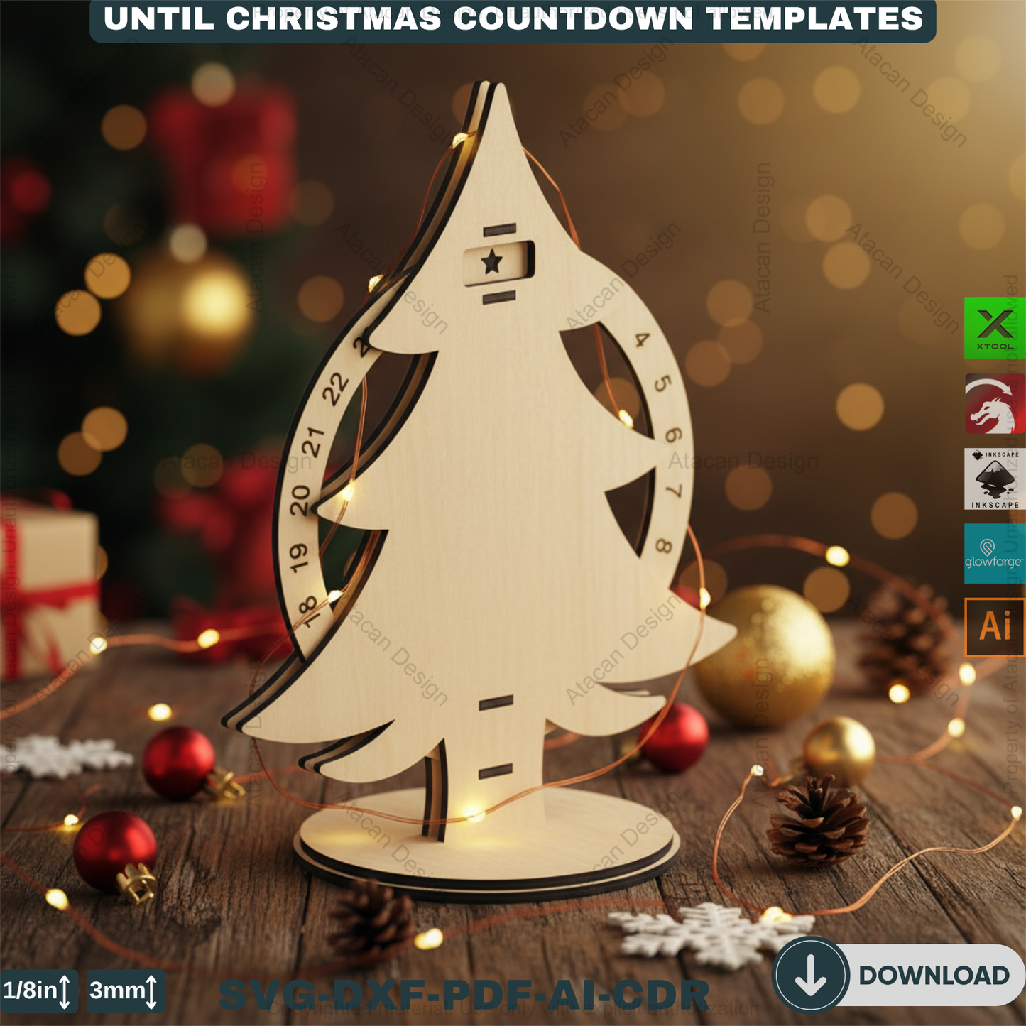 Christmas Tree Advent Calendar Laser Cut Template Bundle Wooden Countdown Stand Glowforge Xtool Files 915