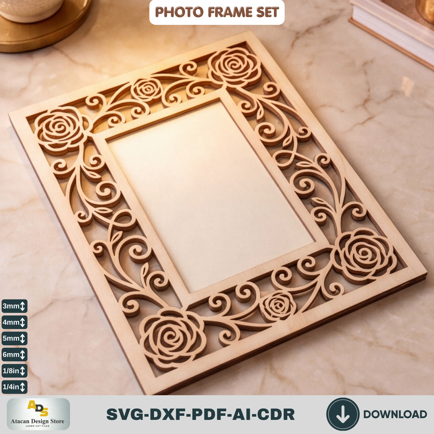 Laser Cut Photo Frame SVG Bundle – Floral Rustic Wood Home Decor Template