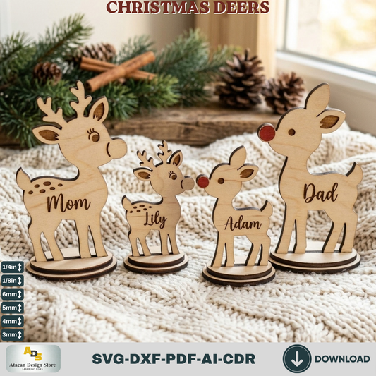 Personalized Reindeer Family Laser Cut Holiday Shelf Decor - Mom Dad Kids Sizes