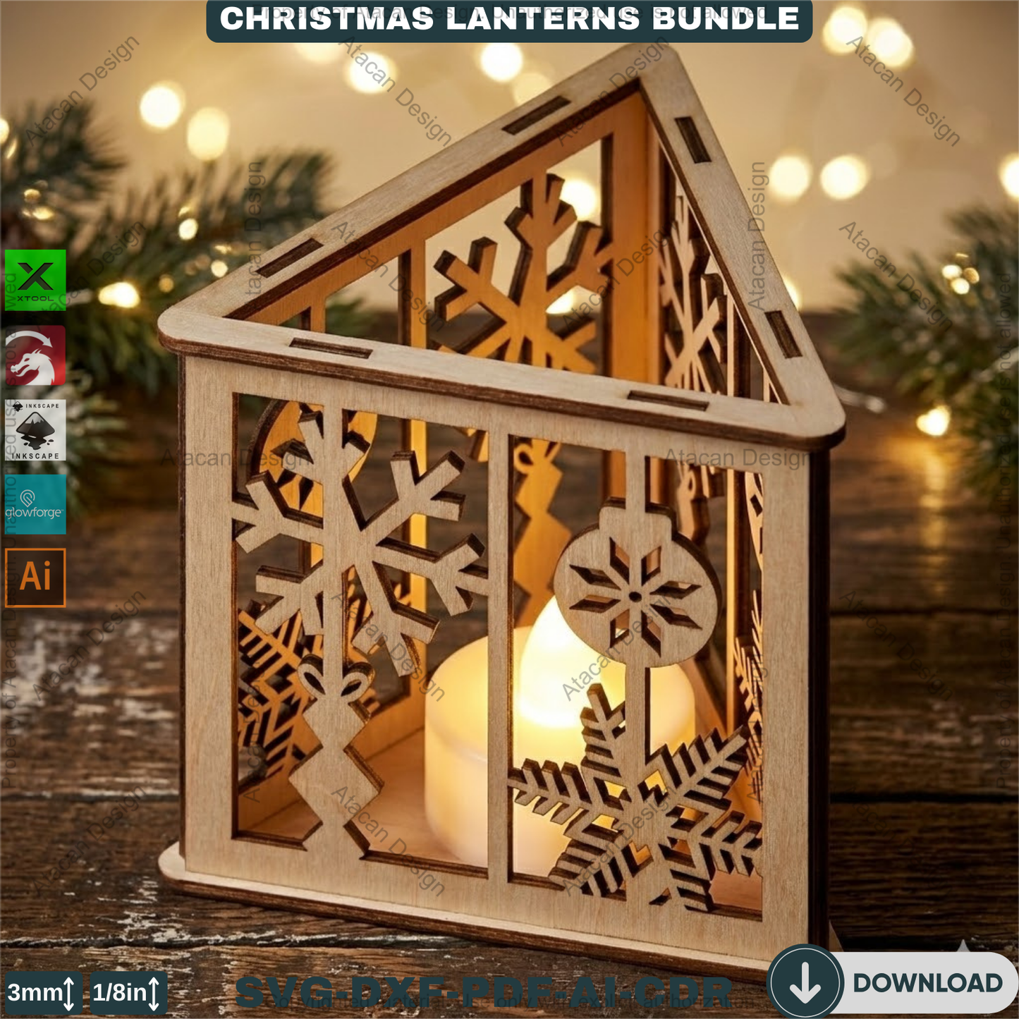 Christmas Lanterns Bundle Laser Cut Templates | Holiday Candle Box Decor | Tealight Holder Designs 930