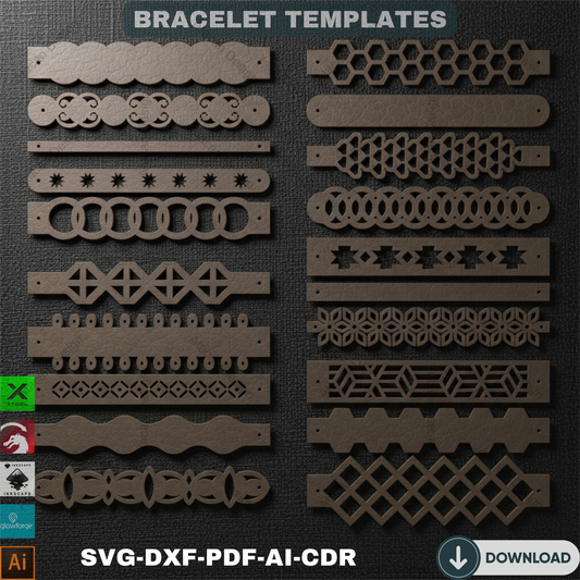 Leather Bracelet SVG Bundle | Laser Cut Files | 40 Flexible Design Faux Leather Bracelet Template for Cricut & Silhouette 691