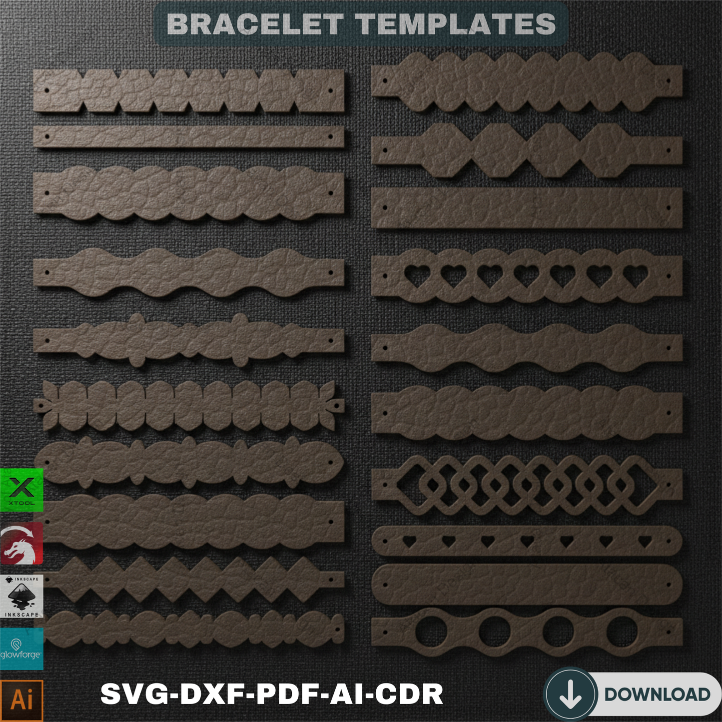 Leather Bracelet SVG Bundle | Laser Cut Files | 40 Flexible Design Faux Leather Bracelet Template for Cricut & Silhouette 691