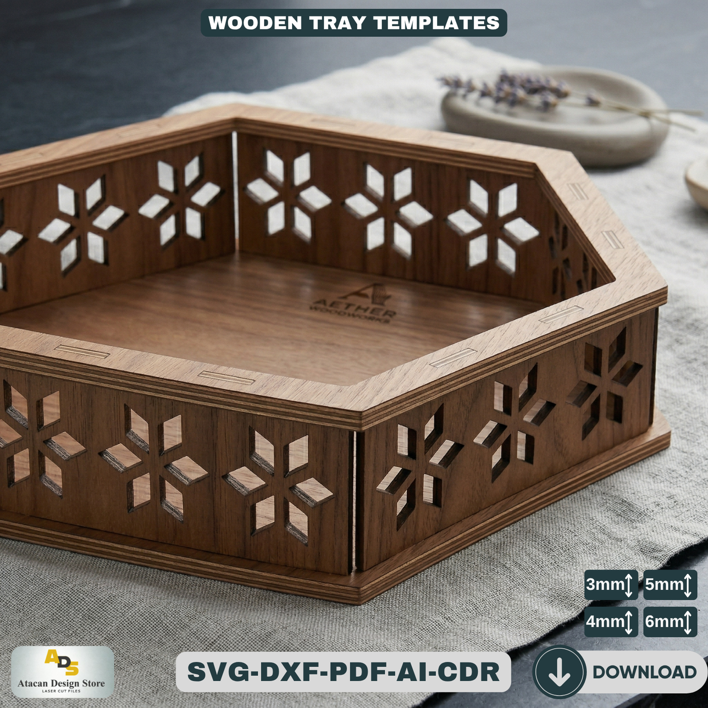 Hexagon Serving Tray - Laser Cut Design for Custom Wood Trays, Digital Download 687